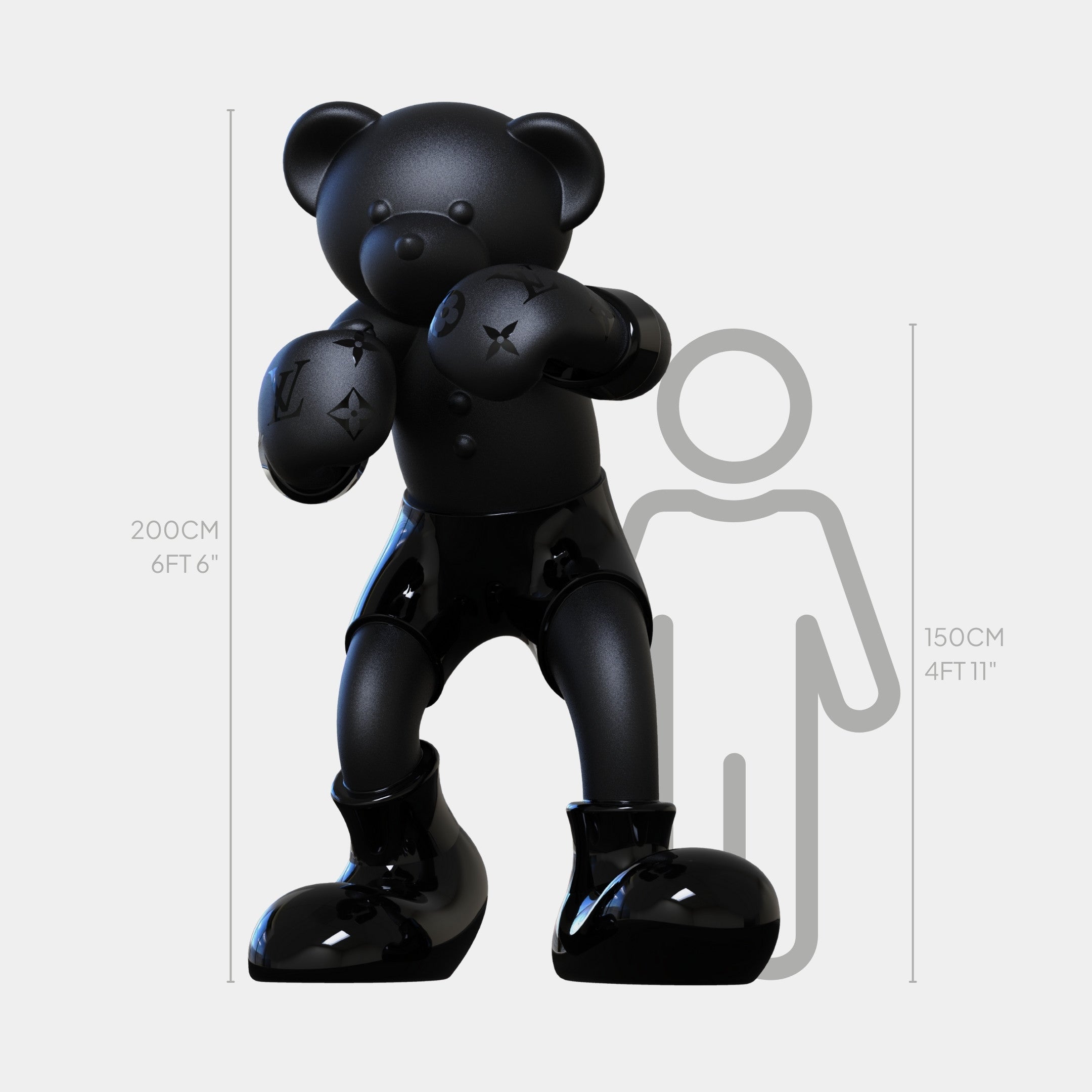 The Gacko Black LV Boxer Bear Sculpture - 200cm by Giant Sculptures is a striking, limited edition piece in a boxing pose, standing tall beside a 150 cm gray silhouette—an impressive pop art installation for modern spaces.