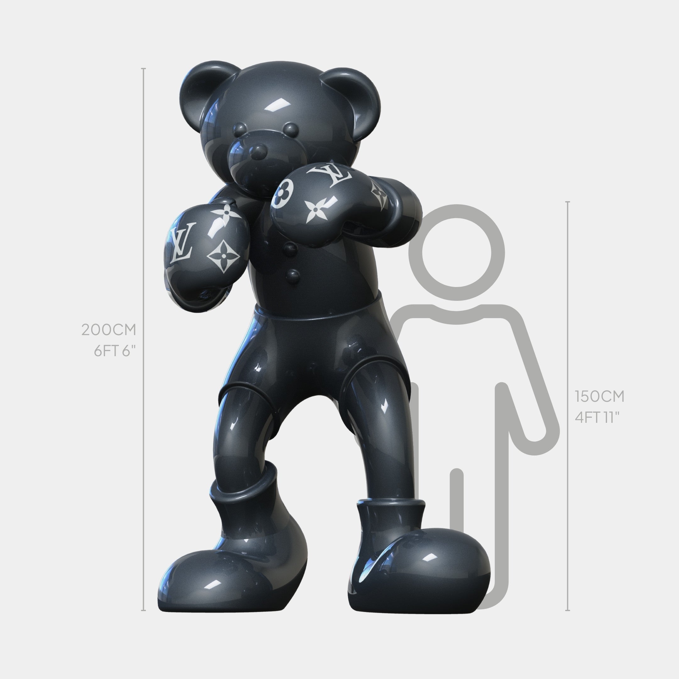 The Gacko Grey LV Boxer Bear Sculpture - 200cm by Giant Sculptures is a glossy black pop art piece with luxury logo boxing gloves, posed before a height chart and standing 200cm tall next to a human silhouette. Limited edition.