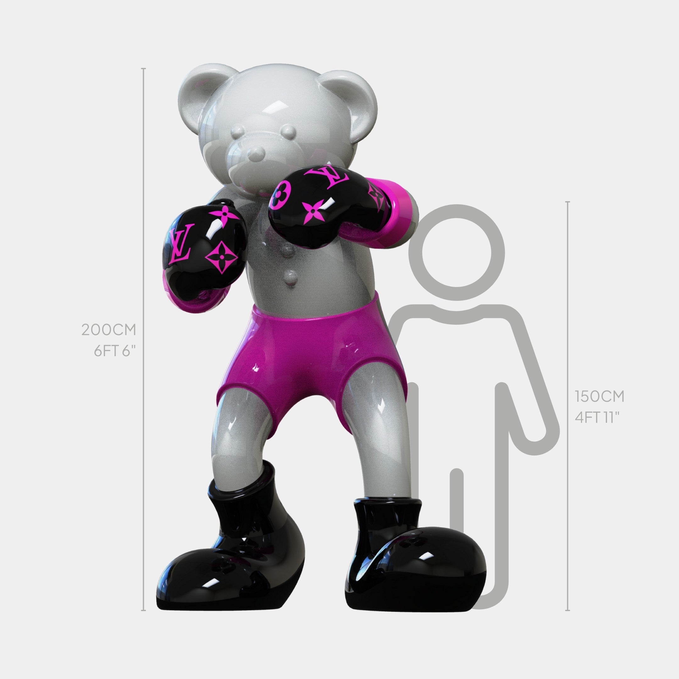 The Giant Sculptures Gacko Pink LV Boxer Bear Sculpture - 200cm features a glossy finish, pink and black boxing attire, and stands tall beside a 150cm (4ft 11in) human, highlighting its impressive 200cm (6ft 6in) height.