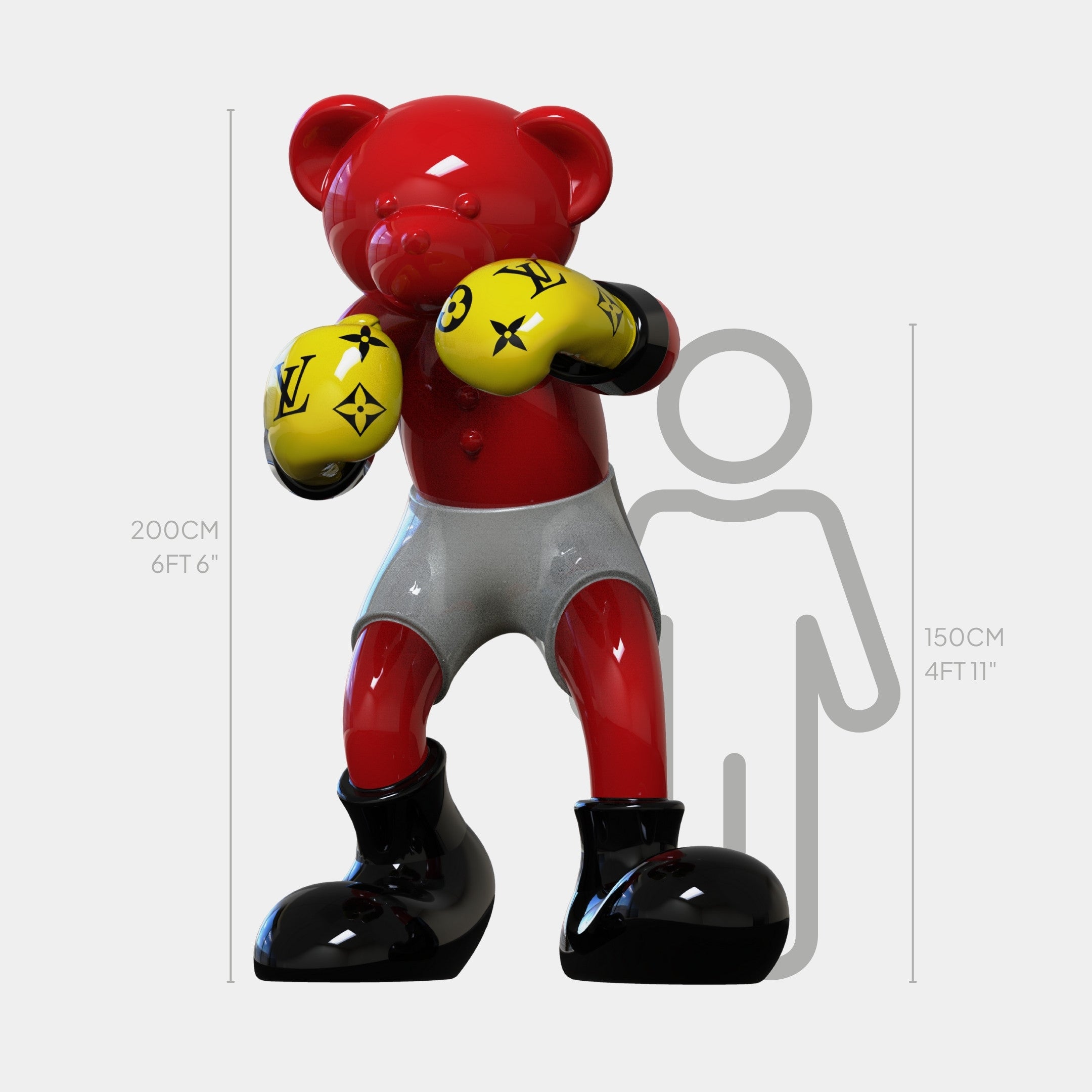 The Gacko Red LV Boxer Bear Sculpture - 200cm by Giant Sculptures is a glossy pop art bear in silver shorts, black boots, and yellow gloves with a designer logo, posed for boxing beside a height chart and human silhouette for scale.