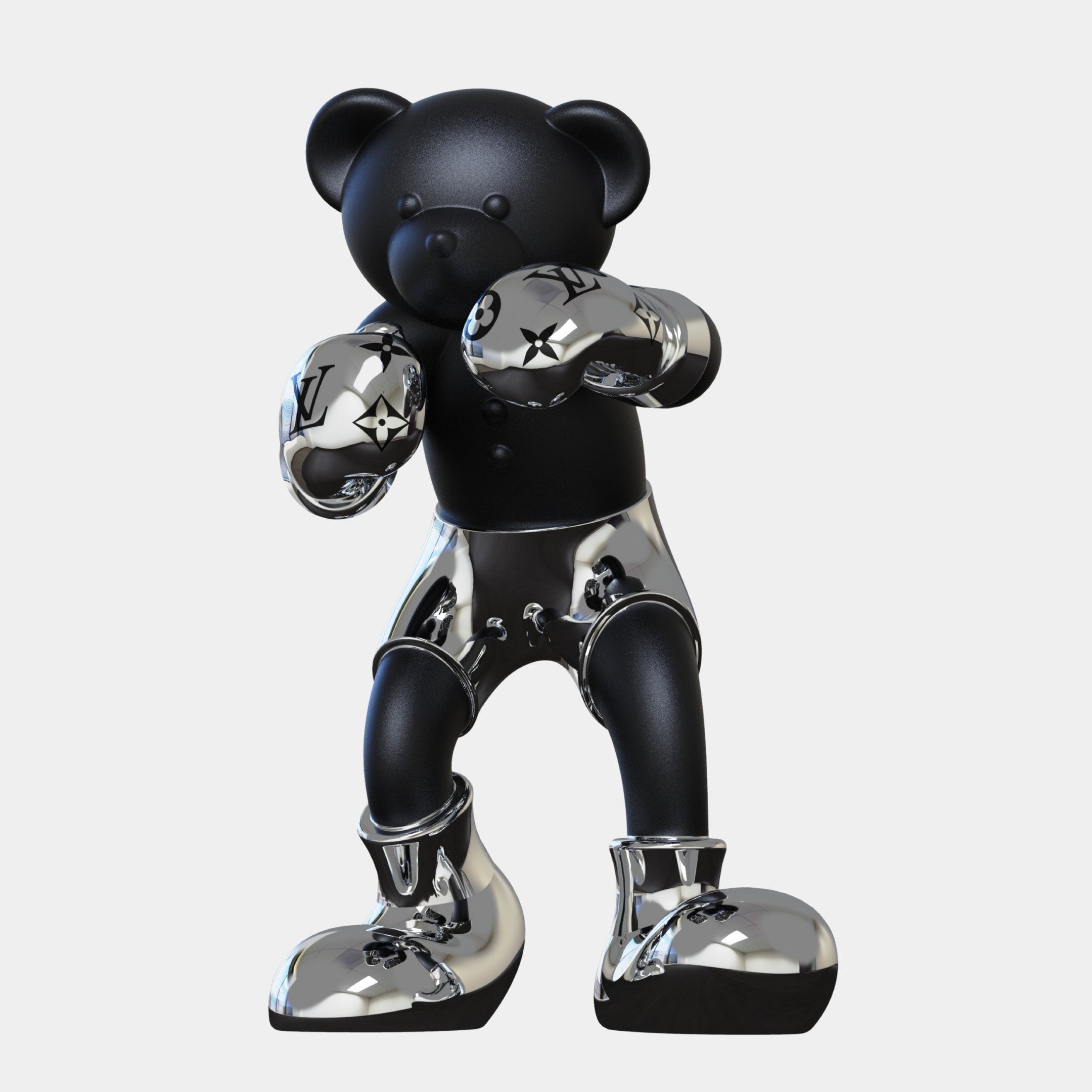 The Gacko Electroplated Chrome LV Boxer Bear Sculpture (80cm) by Giant Sculptures features a black bear in a boxing pose with chrome gloves, shorts, and star-detailed boots—a bold, limited edition art piece shown on a plain white background.
