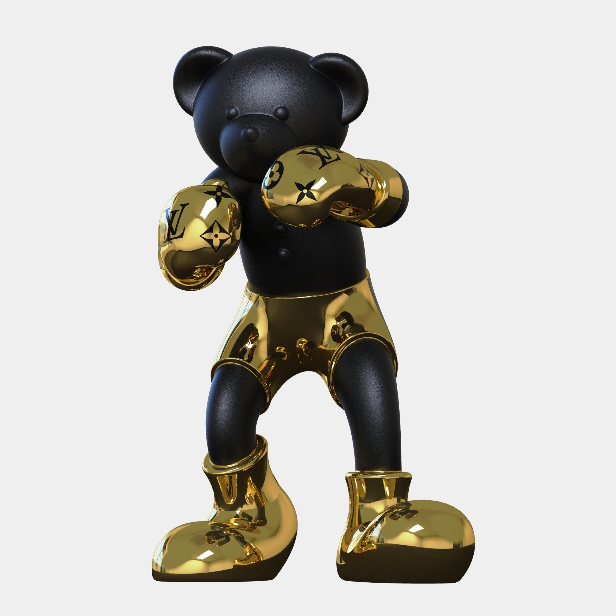 The Gacko Electroplated Gold LV Boxer Bear Sculpture (80cm) by Giant Sculptures features a black bear in shiny gold gloves, shorts, and boots with designer logos, standing in a boxing stance on a white background.