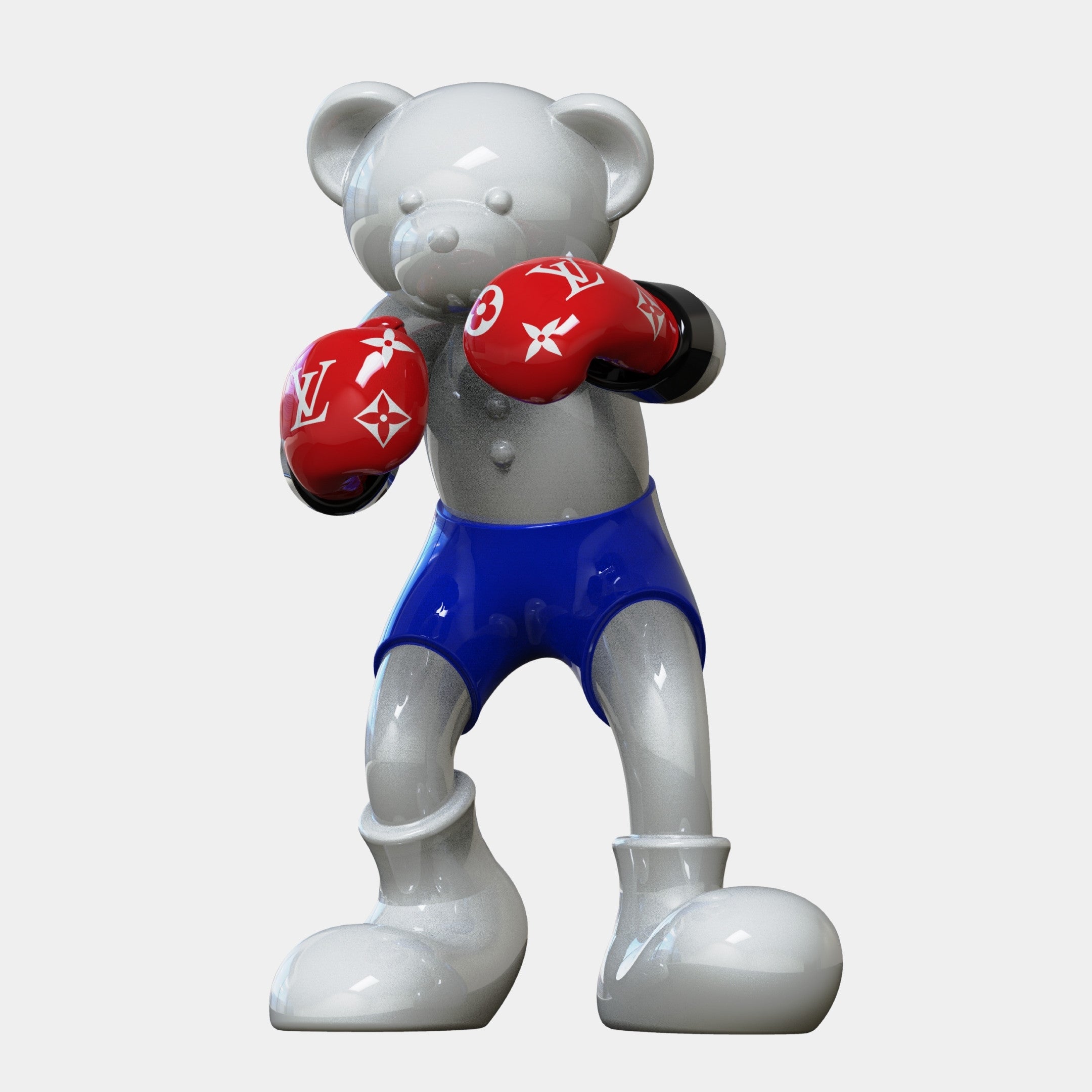The Gacko Grey & Red LV Boxer Bear Sculpture - 80cm by Giant Sculptures features glossy Pop Art style, blue shorts, and red gloves with white designer logos—a bold limited edition art piece perfect for collectors.