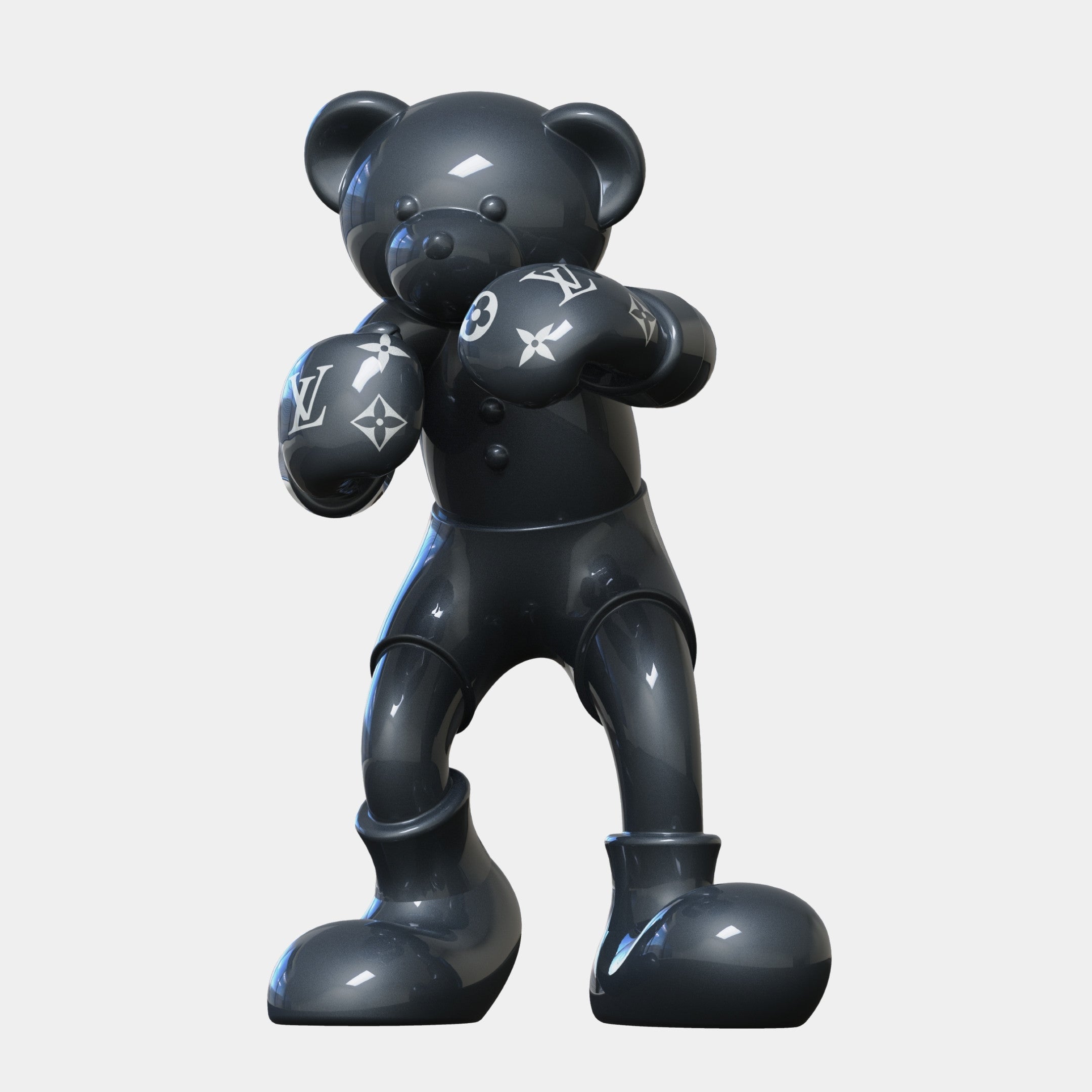 The Gacko Grey LV Boxer Bear Sculpture - 80cm by Giant Sculptures features a glossy black bear in a boxing stance with boots and logo-patterned gloves—a striking pop art statement piece.