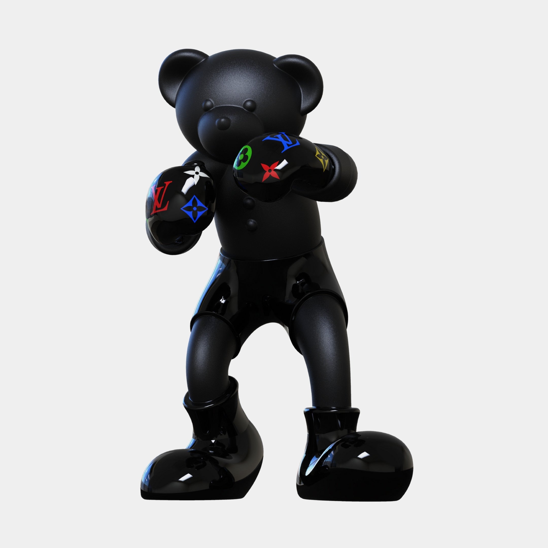 The Gacko Multicoloured LV Boxer Bear Sculpture by Giant Sculptures stands 80cm tall with glossy black shorts, boots, and vibrant Louis Vuitton logos on crisp white gloves—creating a striking pop art effect.