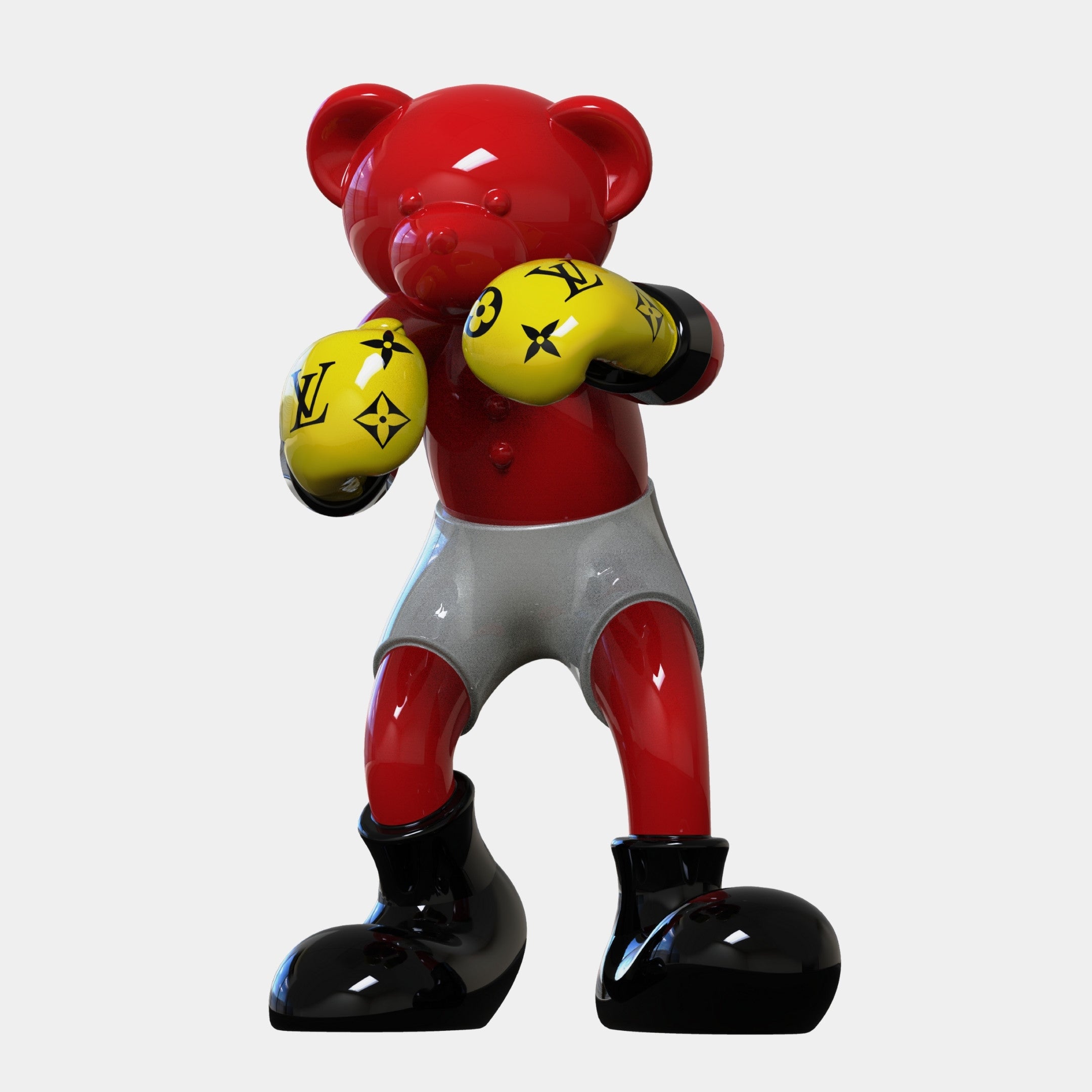The Gacko Red LV Boxer Bear Sculpture - 80cm by Giant Sculptures is a glossy, limited edition pop art collectible featuring a red bear in a boxing pose with yellow gloves, gray shorts, and black boots on a white background.