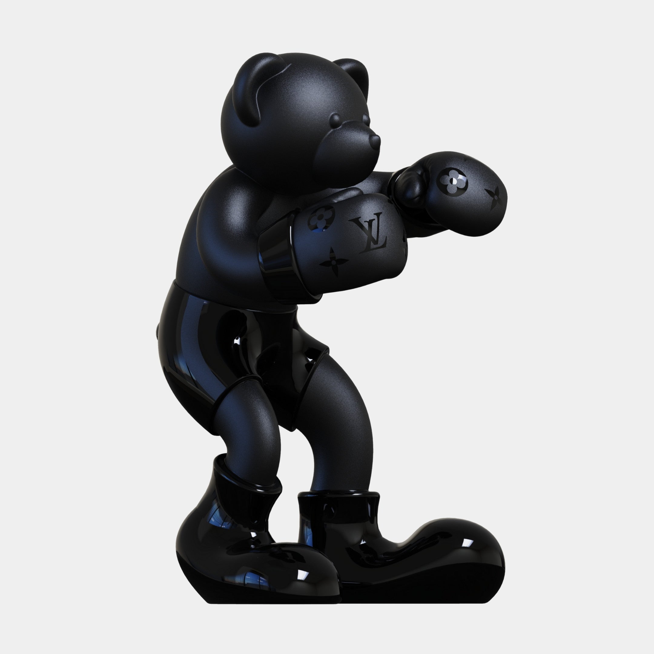 The Gacko Black LV Boxer Bear Sculpture - 200cm by Giant Sculptures is a glossy black bear figurine in boxing gloves and boots, with Louis Vuitton monogram details, posed ready to box against a plain white background.