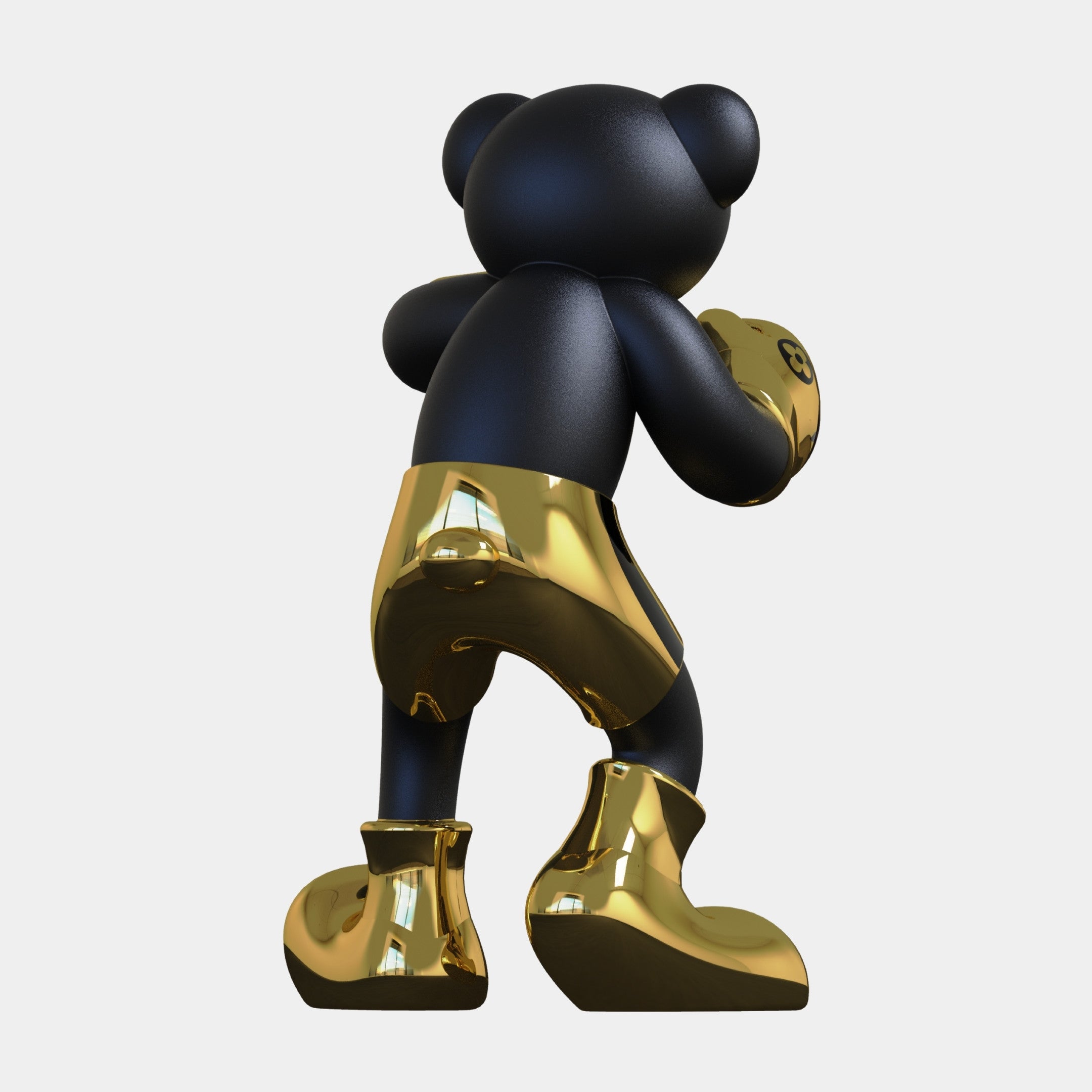 The Gacko Electroplated Gold LV Boxer Bear Sculpture - 200cm by Giant Sculptures features a black bear figure in glossy gold shorts, boots, and gloves—a bold pop art piece ideal for luxury interiors.