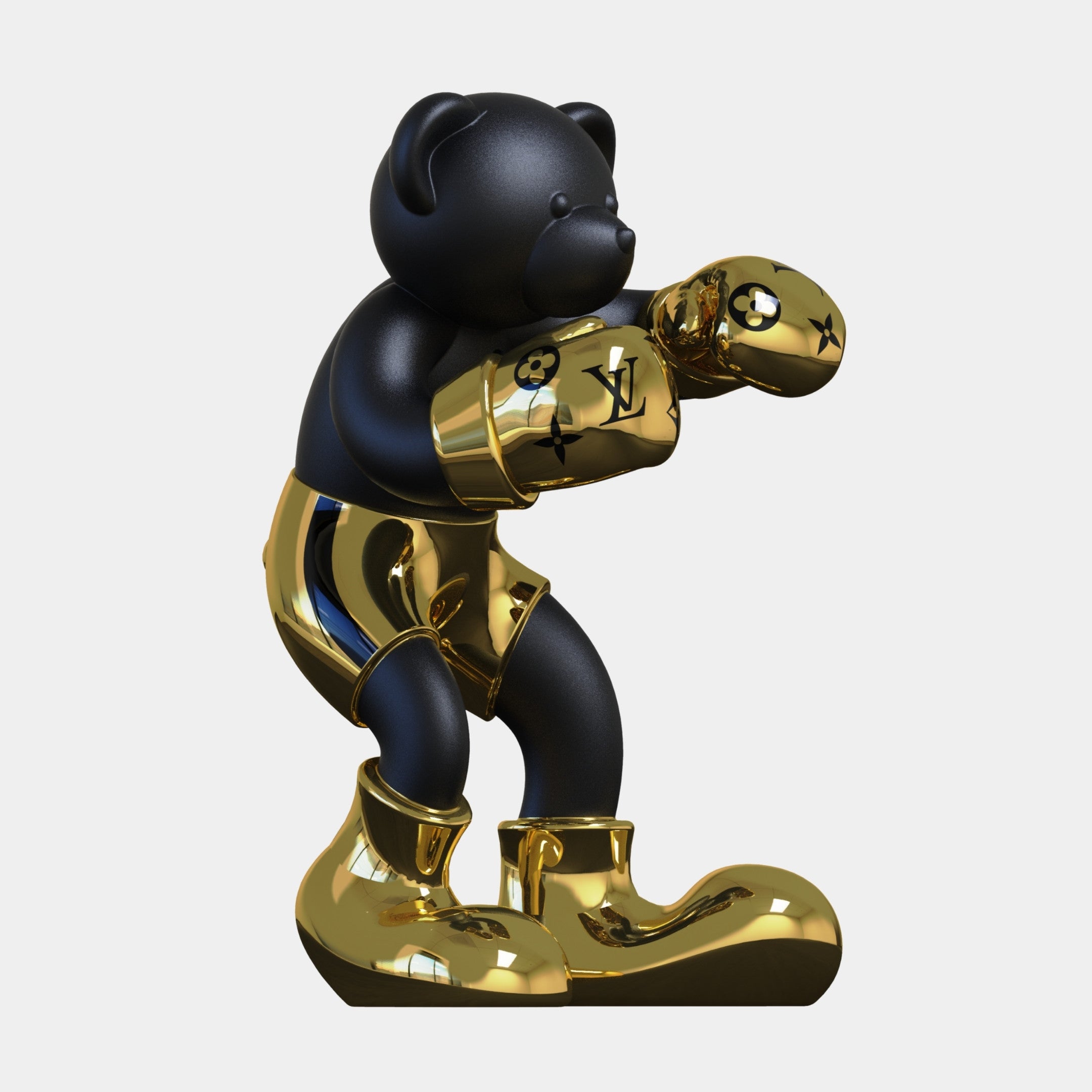 The Gacko Electroplated Gold LV Boxer Bear Sculpture - 200cm by Giant Sculptures features a pop art bear in shiny gold boxing gear with luxury motifs—an eye-catching statement for upscale interiors against a plain white backdrop.
