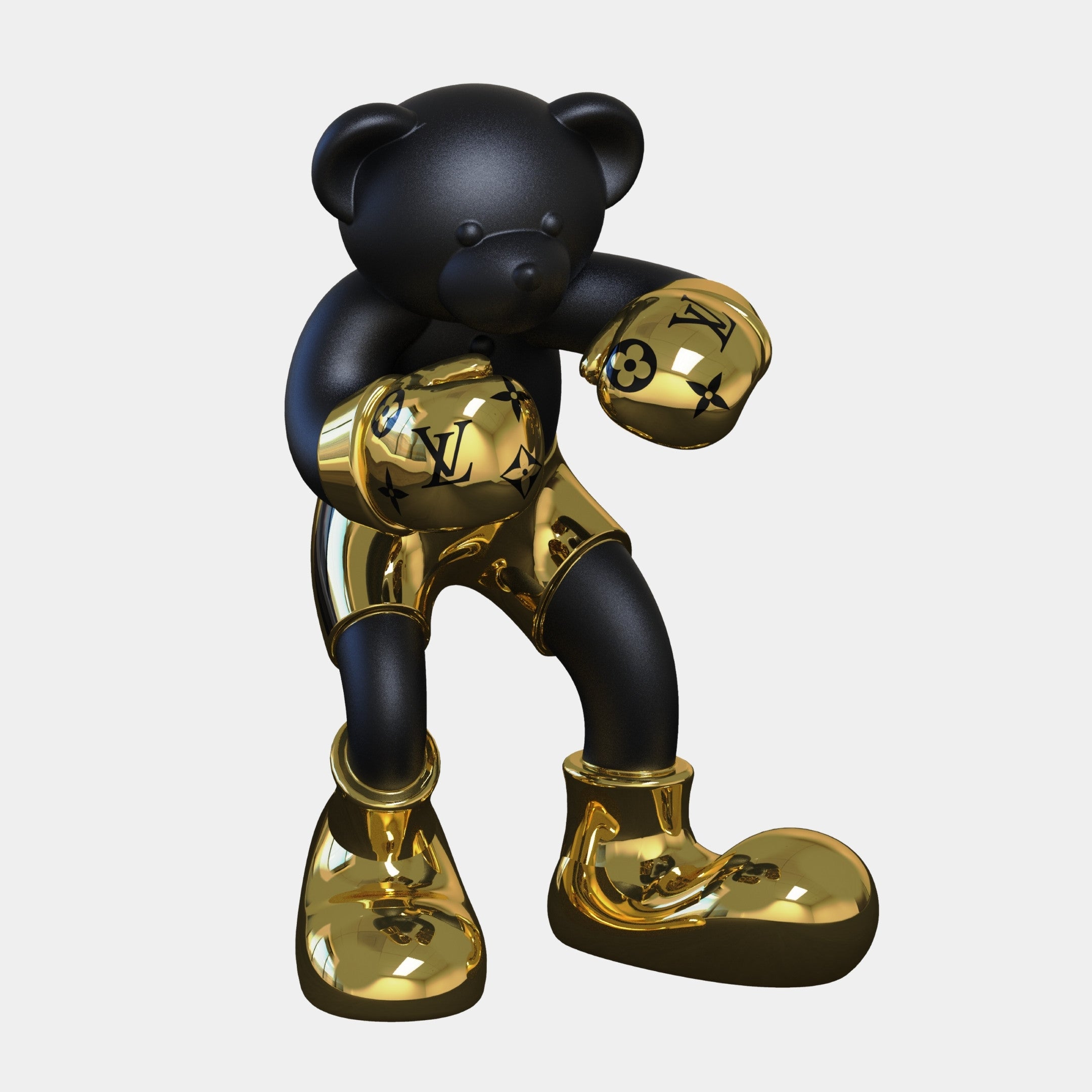 The Gacko Electroplated Gold LV Boxer Bear Sculpture (200cm) by Giant Sculptures features a black bear in a boxing pose with shiny gold LV gloves, boots, and shorts—a bold luxury decor piece for any modern interior.