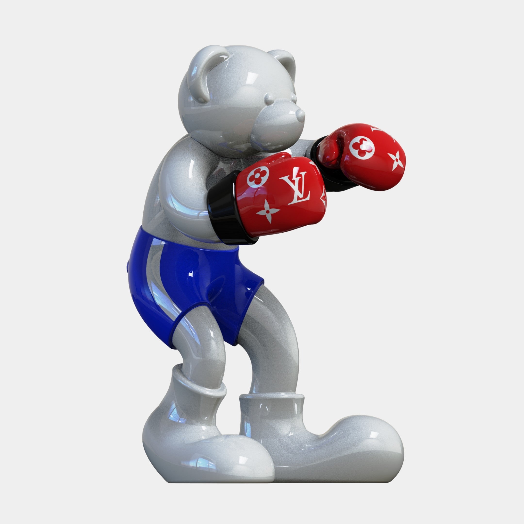 The Gacko Grey & Red LV Boxer Bear Sculpture by Giant Sculptures stands 200cm tall, featuring a playful cartoon bear in blue shorts and red boxing gloves with white Louis Vuitton logos, posed in a boxing stance against a white background.