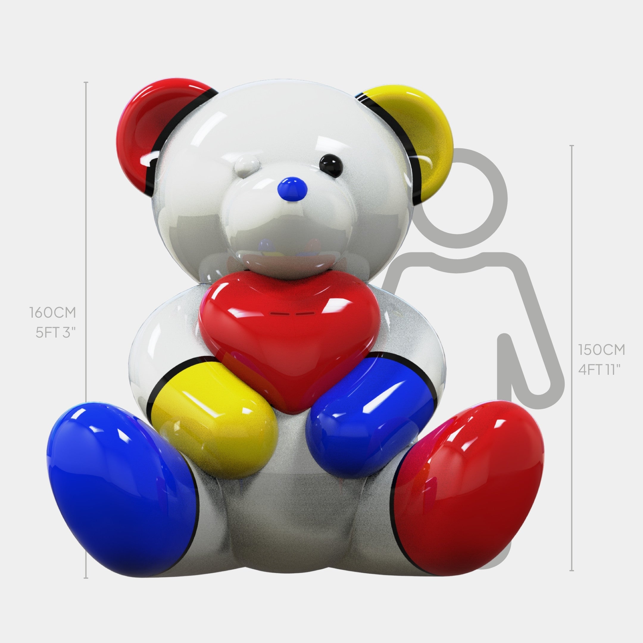 The Gacko Mondrian Love Bear Sculpture - 160cm by Giant Sculptures features a white teddy bear with red, blue, and yellow heart details, blending Pop Art elements in André Gacko's playful style.