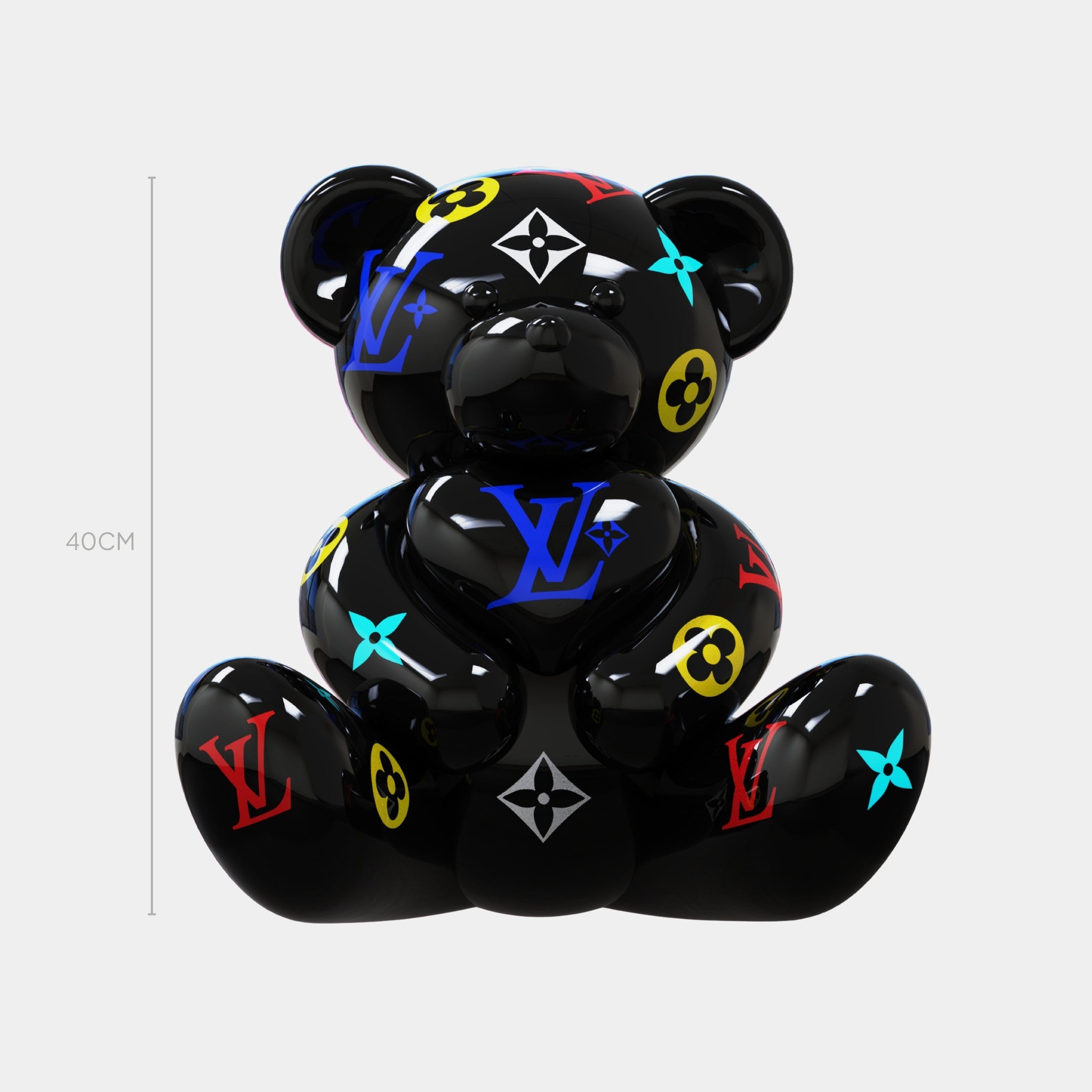 The Gacko Multicoloured LV Love Bear Sculpture by Giant Sculptures is a 40cm glossy black pop art bear decorated with vibrant Louis Vuitton-inspired logos—a limited edition collectible displayed on a white background.