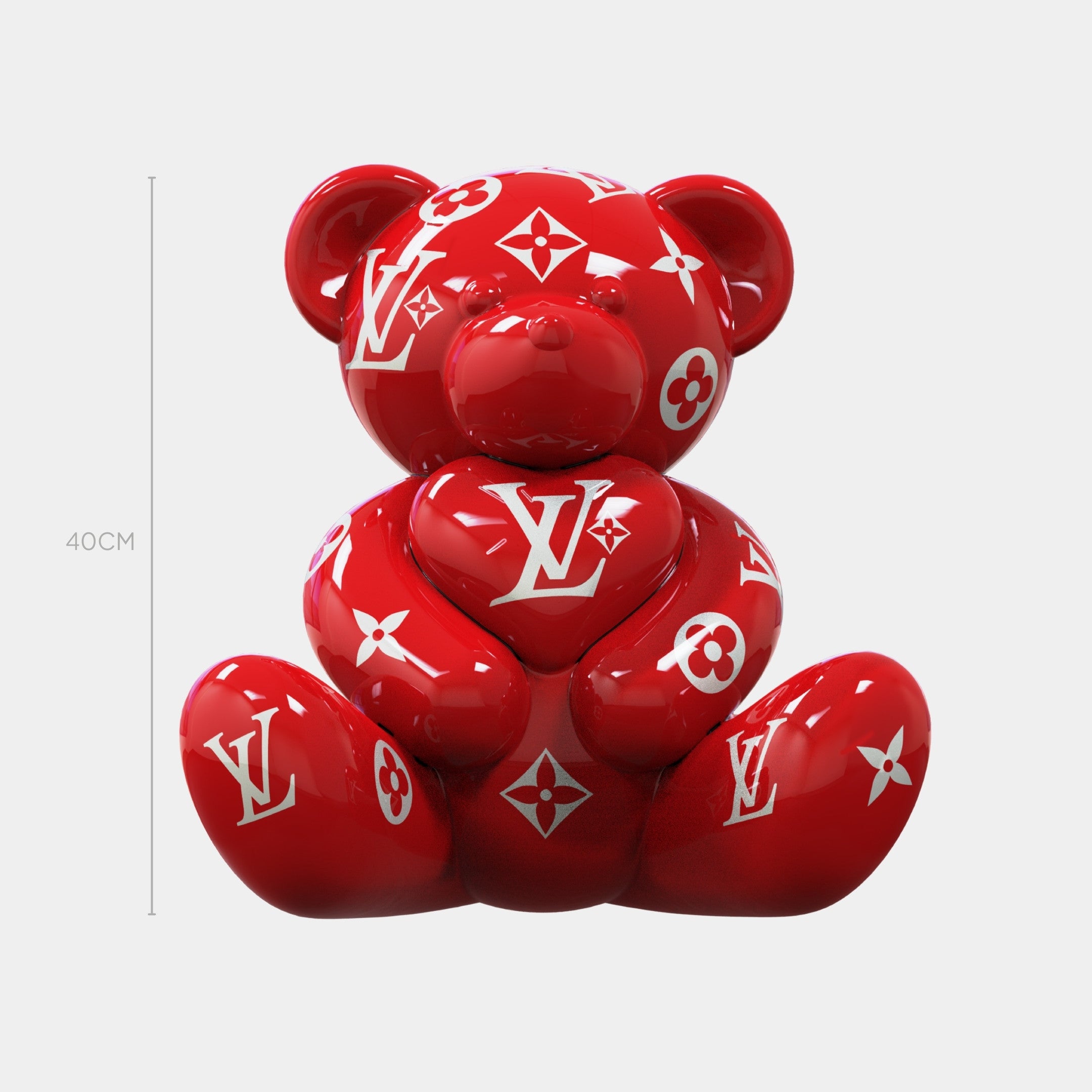 The Gacko Red LV Love Bear Sculpture - 40cm by Giant Sculptures is a glossy red teddy bear with white Louis Vuitton logos and floral motifs, sitting upright against a plain white background.