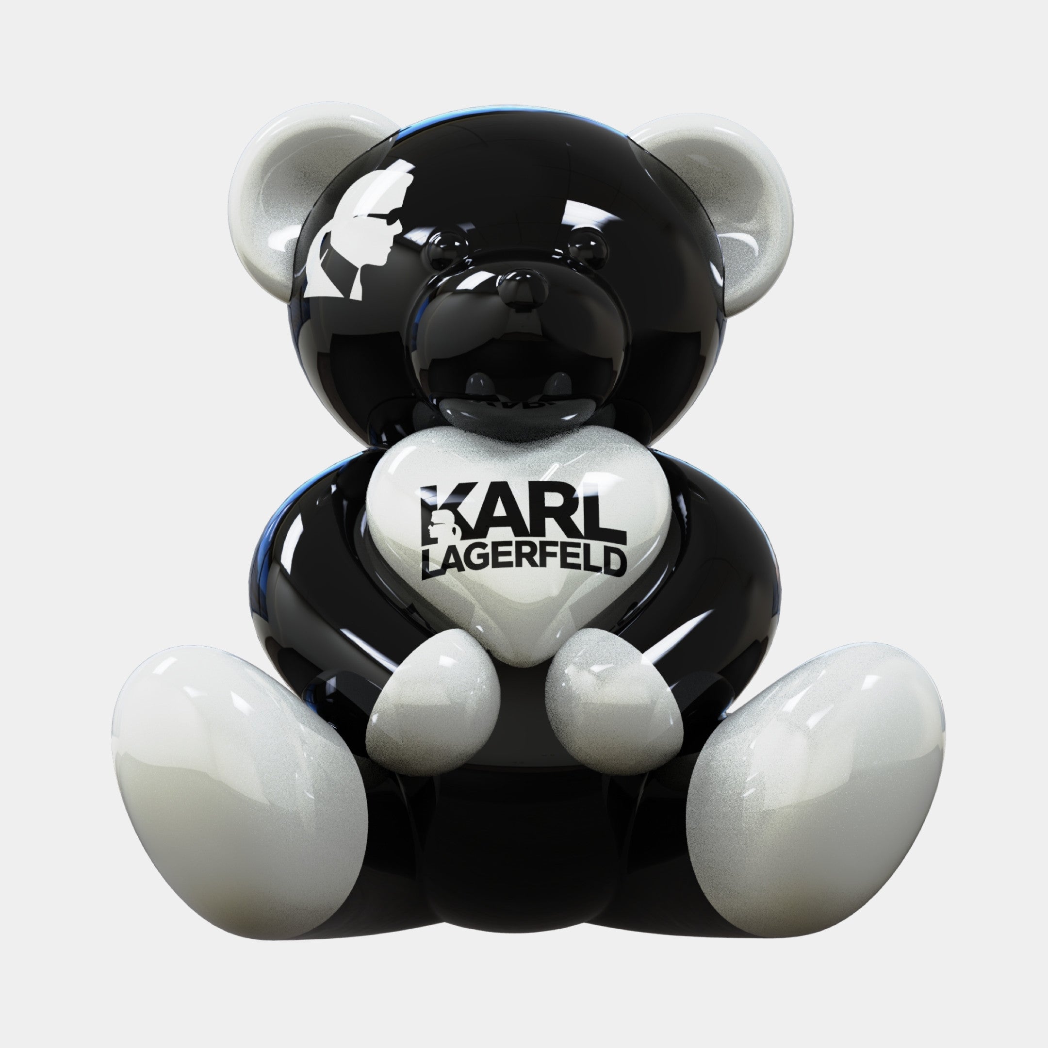 The Gacko Karl Lagerfeld Love Bear Sculpture by Giant Sculptures is a glossy black and white bear, 80cm tall with "KARL LAGERFELD" in bold on its chest—ideal for limited edition pop art collections or modern interiors.