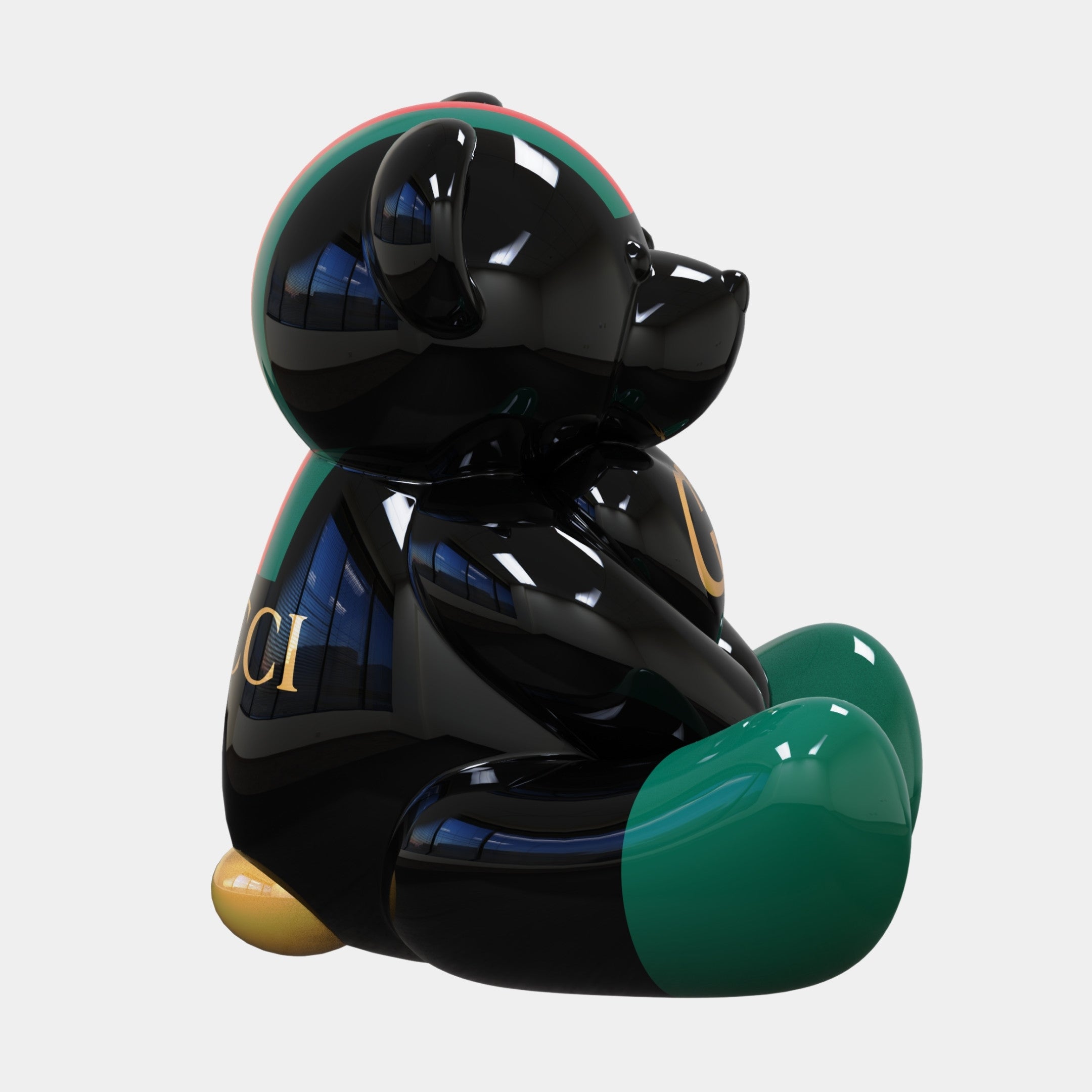 The Gacko Gucci Love Bear Sculpture - 80cm by Giant Sculptures is a glossy black figurine with green leg accents, gold-colored feet, and "UCI" in gold—a limited edition pop art collectible ideal for modern interiors.