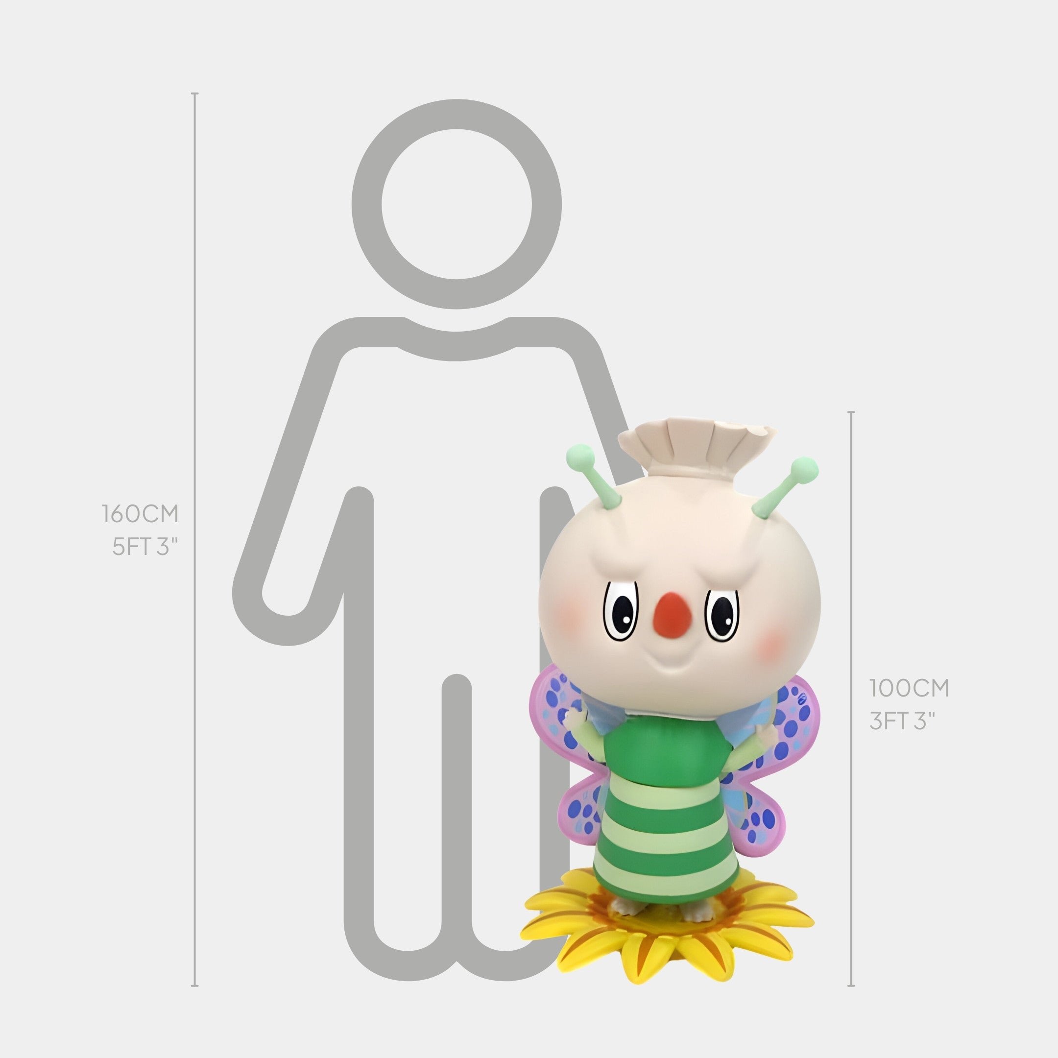 The Giant Sculptures Flower Elves Bee Fairy Labubu Sculpture (100cm) features a round head, striped green body, purple wings, and antennae, standing on a sunflower to highlight its detailed fibreglass craftsmanship.