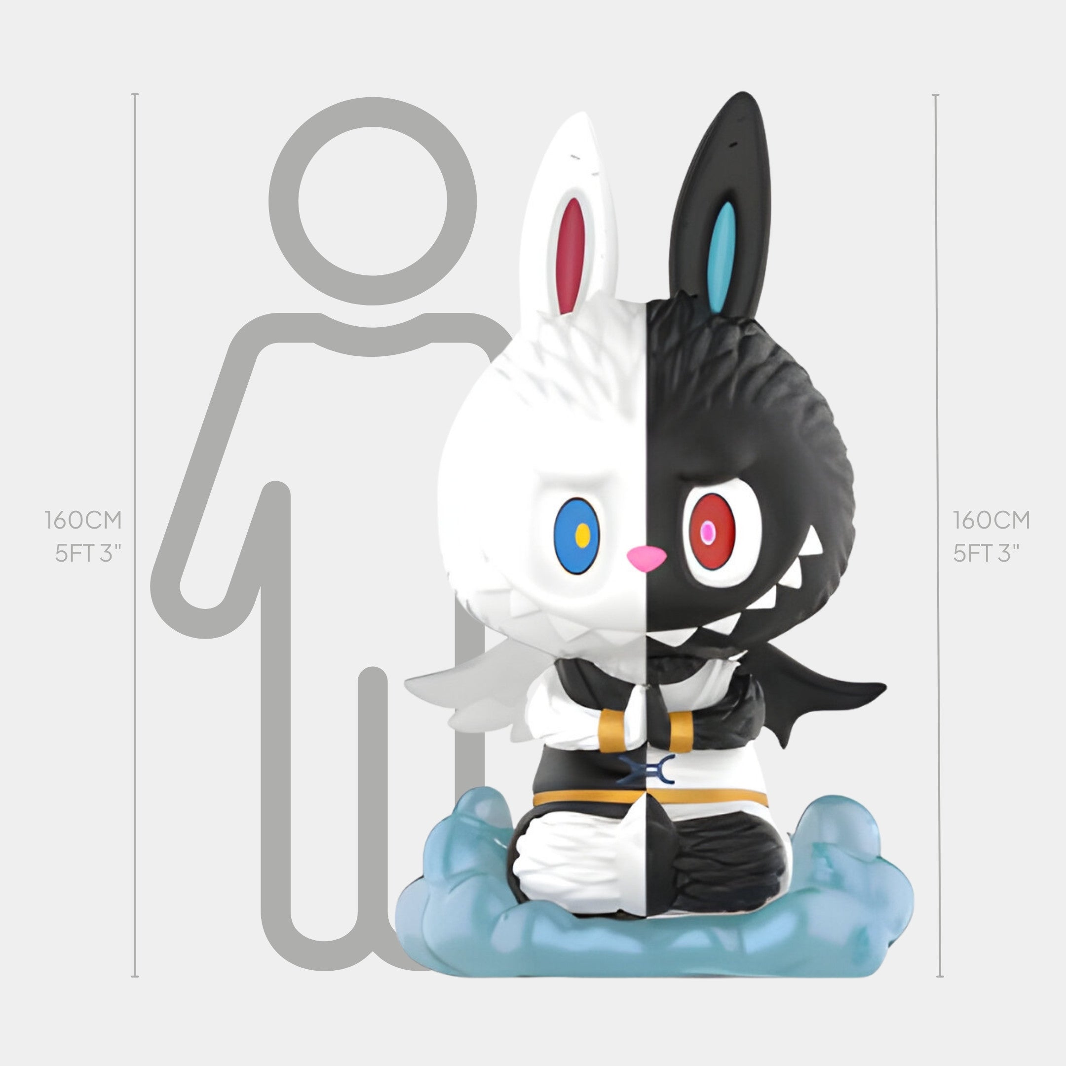 The Giant Sculptures Constellation Gemini Labubu Sculpture is a 160cm split black-and-white rabbit figurine with mismatched eyes, a toothy grin, and crossed legs, sitting on a blue cloud with height markers behind it.