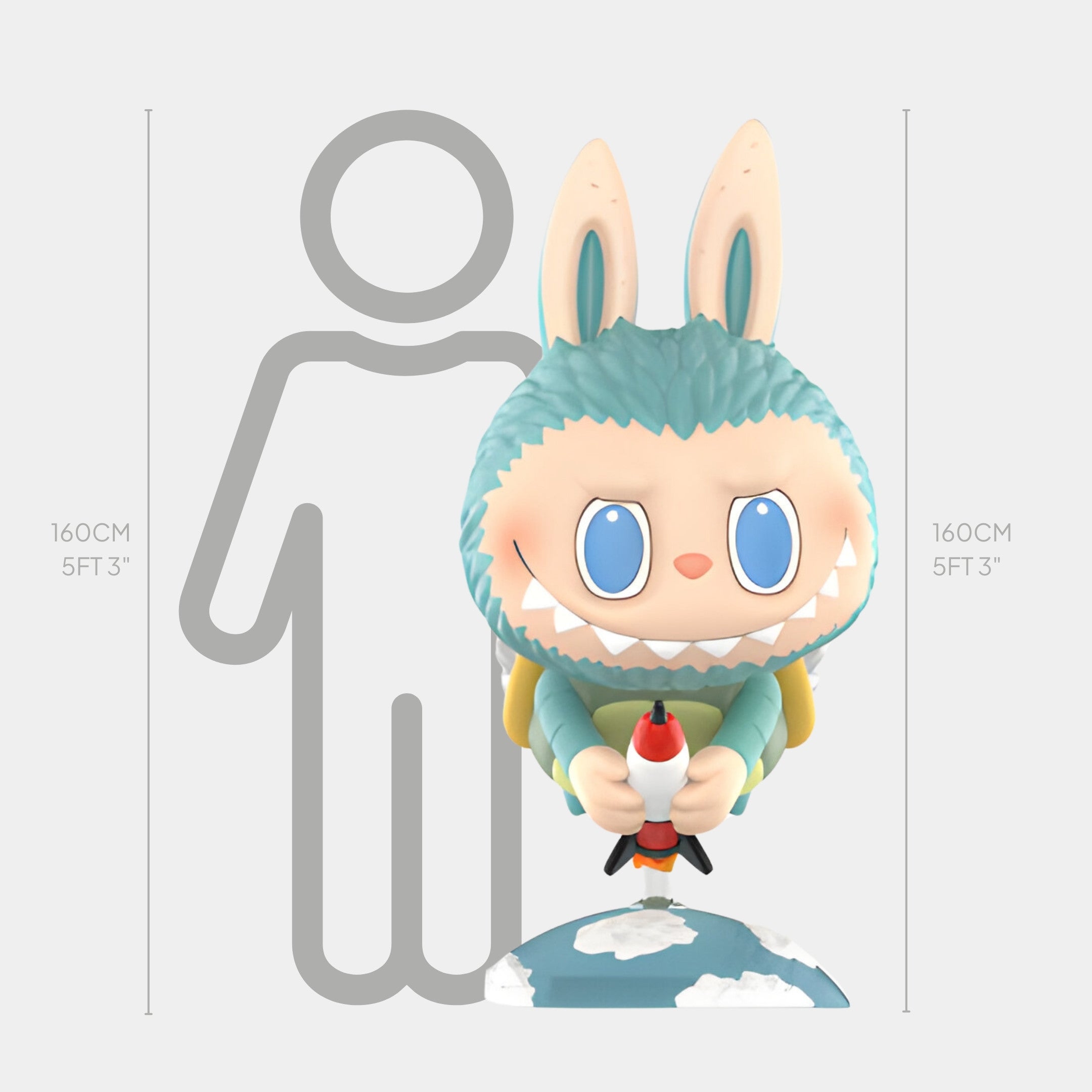 The Monsterverse Giant Turtle Labubu Sculpture by Giant Sculptures stands 160cm tall, depicting a kaiju-inspired bunny in a blue suit holding a red-and-white rocket atop a clouded globe, shown to scale beside a 160cm (5ft 3in) human outline.