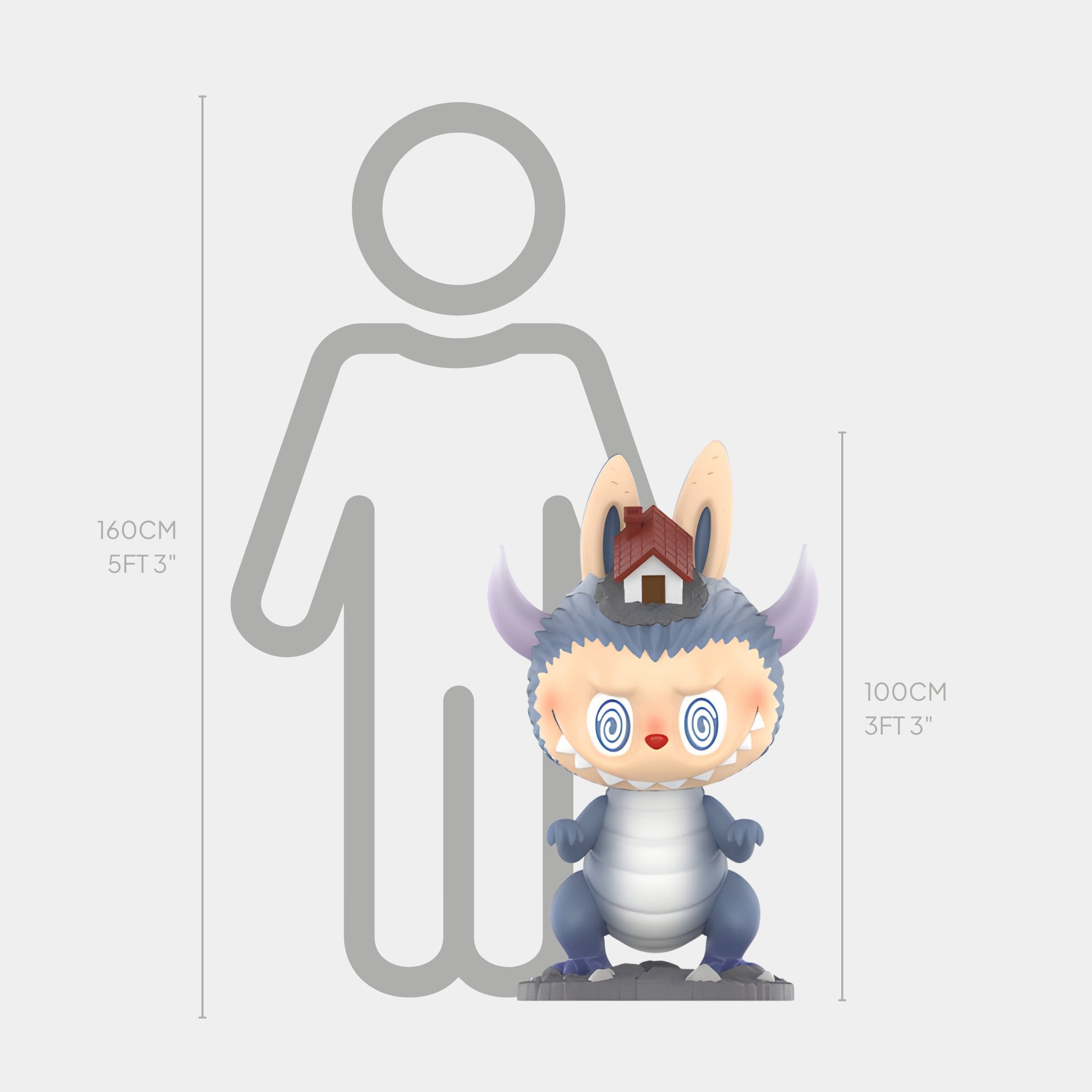 The Giant Sculptures Monsterverse Spiral Beast Labubu Sculpture - 100cm features spiral eyes, animal ears, and a tiny house on its head. Displayed next to a height chart and a 160cm human outline.