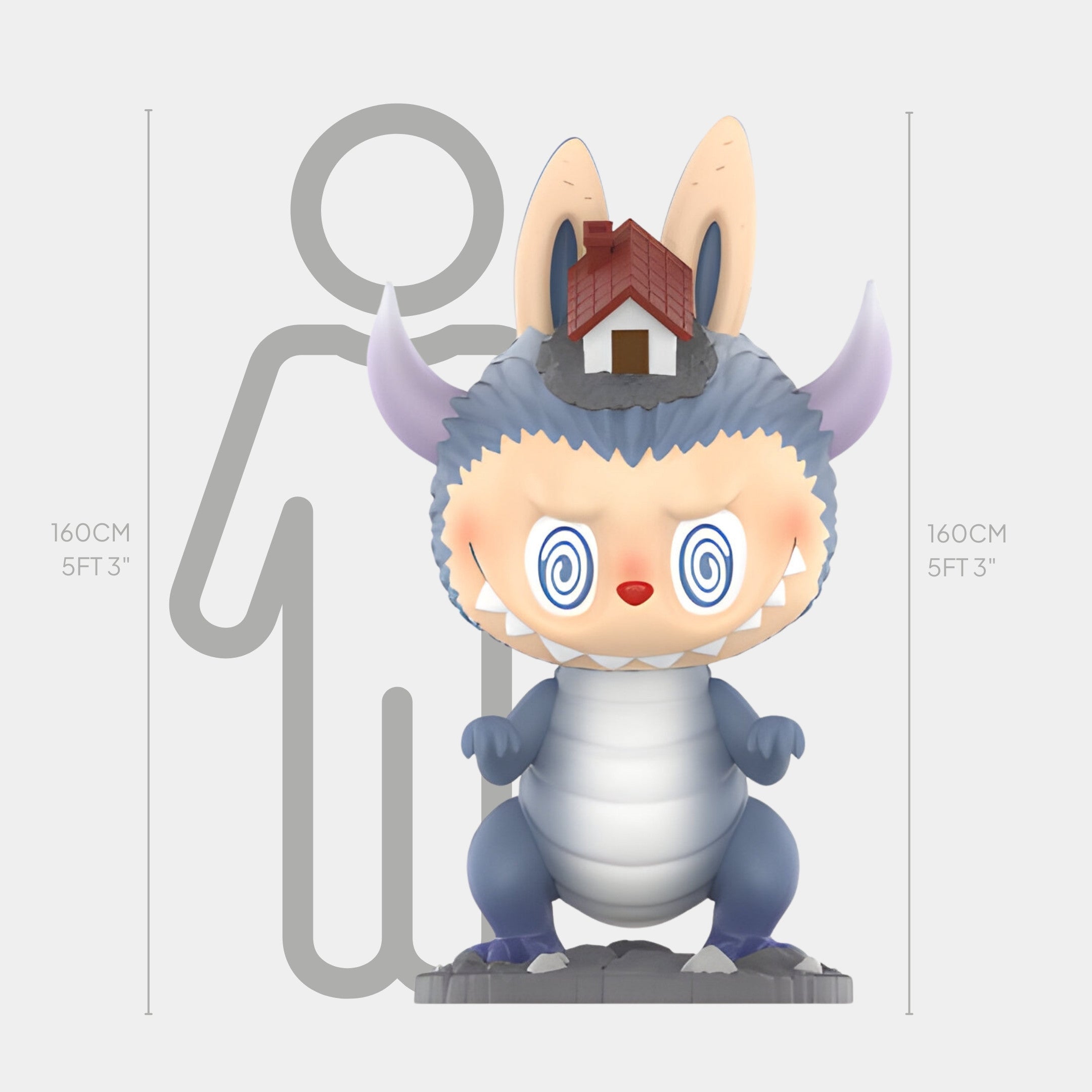 The Giant Sculptures Monsterverse Spiral Beast Labubu Sculpture - 160cm features a cartoonish, blue figure with large ears, spiral eyes, and a house on its head, shown next to a 160 cm grey human outline for scale.