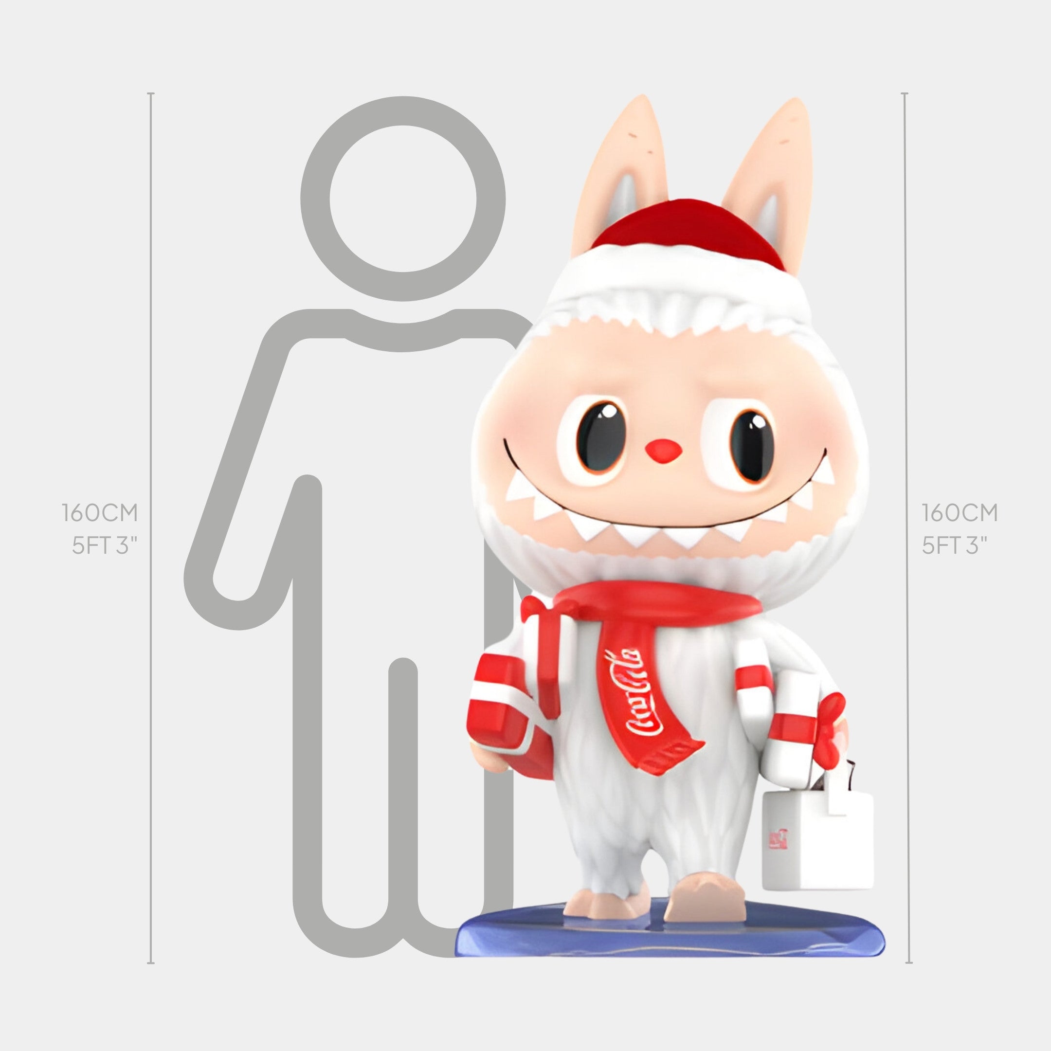 The Gift Delivery Coca-Cola Labubu Sculpture - 160cm by Giant Sculptures features a cute figure with big eyes, bunny ears, a Santa hat, white furry suit, and red scarf holding a gift bag—perfect for festive holiday fun.