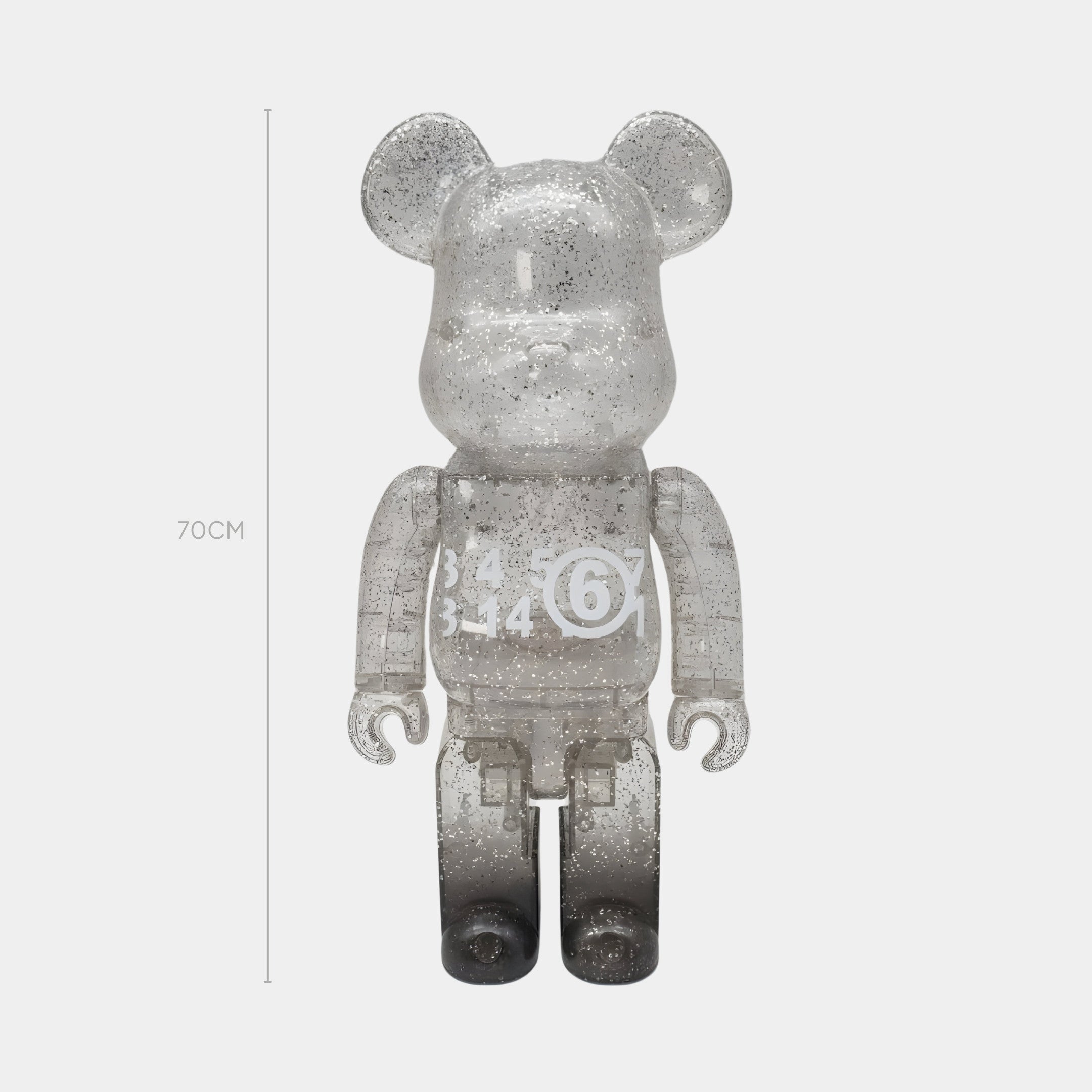The Glitter Gradient Bear Sculpture - 70cm by Giant Sculptures stands upright, crafted from high-gloss resin with micro-glitter, featuring white numbers on its chest and dark shading on its lower legs and feet.
