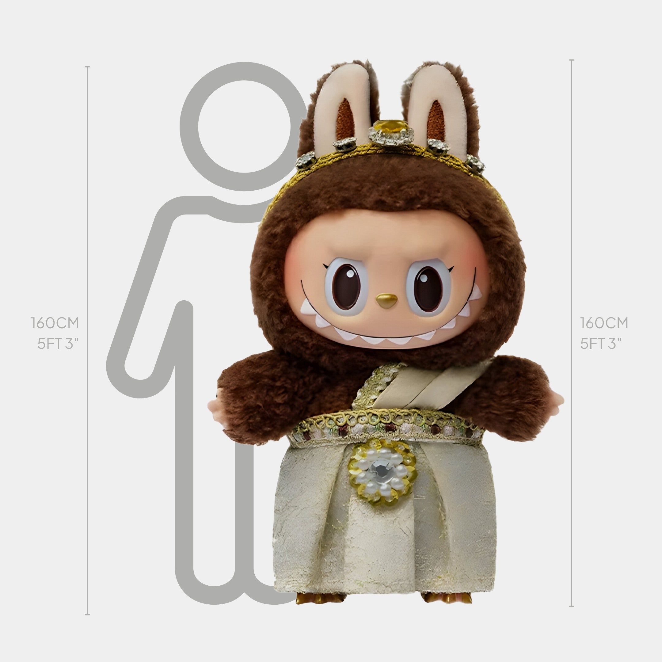The Regal Parade Queen Labubu Sculpture - 160cm by Giant Sculptures features a plush toy in ornate brown bunny ceremonial attire, big-eyed and grinning, shown beside a human for scale—ideal for Labubu fans.