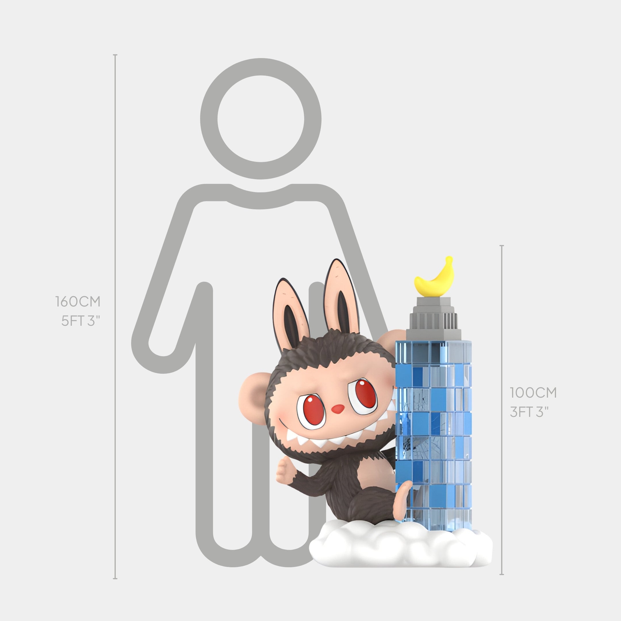 See a 160 cm tall person next to the Giant Sculptures Monsterverse Gorilla King Labubu Sculpture (100cm)—a fibreglass toy figure in a bunny suit hugging a blue building with a yellow crescent, standing on a cloud base.
