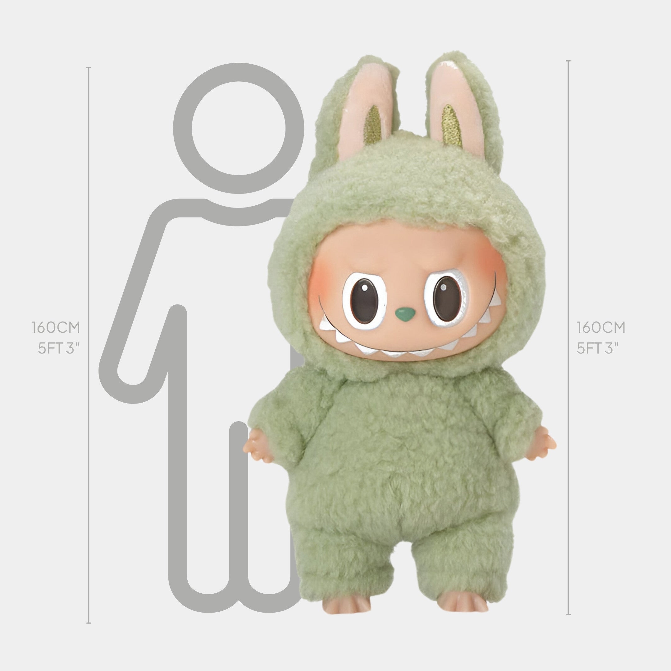 The Fluffy Walkers Meadow Green Labubu Sculpture by Giant Sculptures stands 160cm tall, with big eyes, a wide grin, and fuzzy bunny ears, shown beside a human outline and height chart for scale.