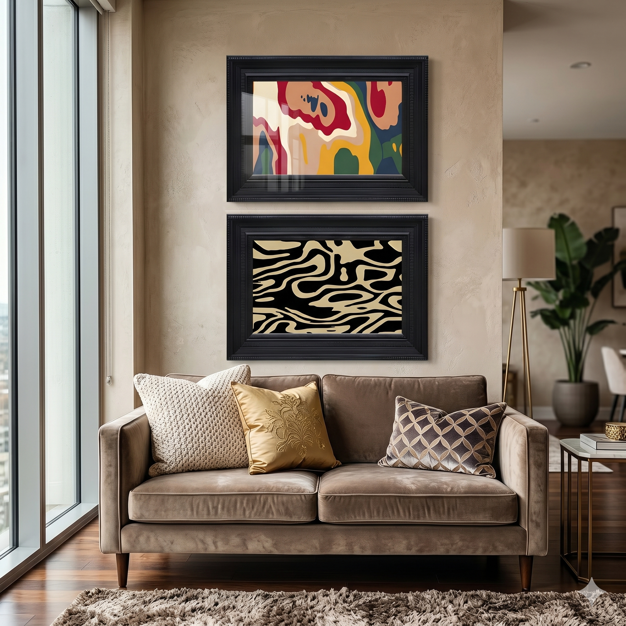 Ardensir Multicolour Abstract 2-Set Framed Wall Art by Giant Sculptures displayed stacked above a taupe velvet sofa, featuring a bold multicolour organic print and a black-and-beige zebra ripple design in ornate black wood frames.