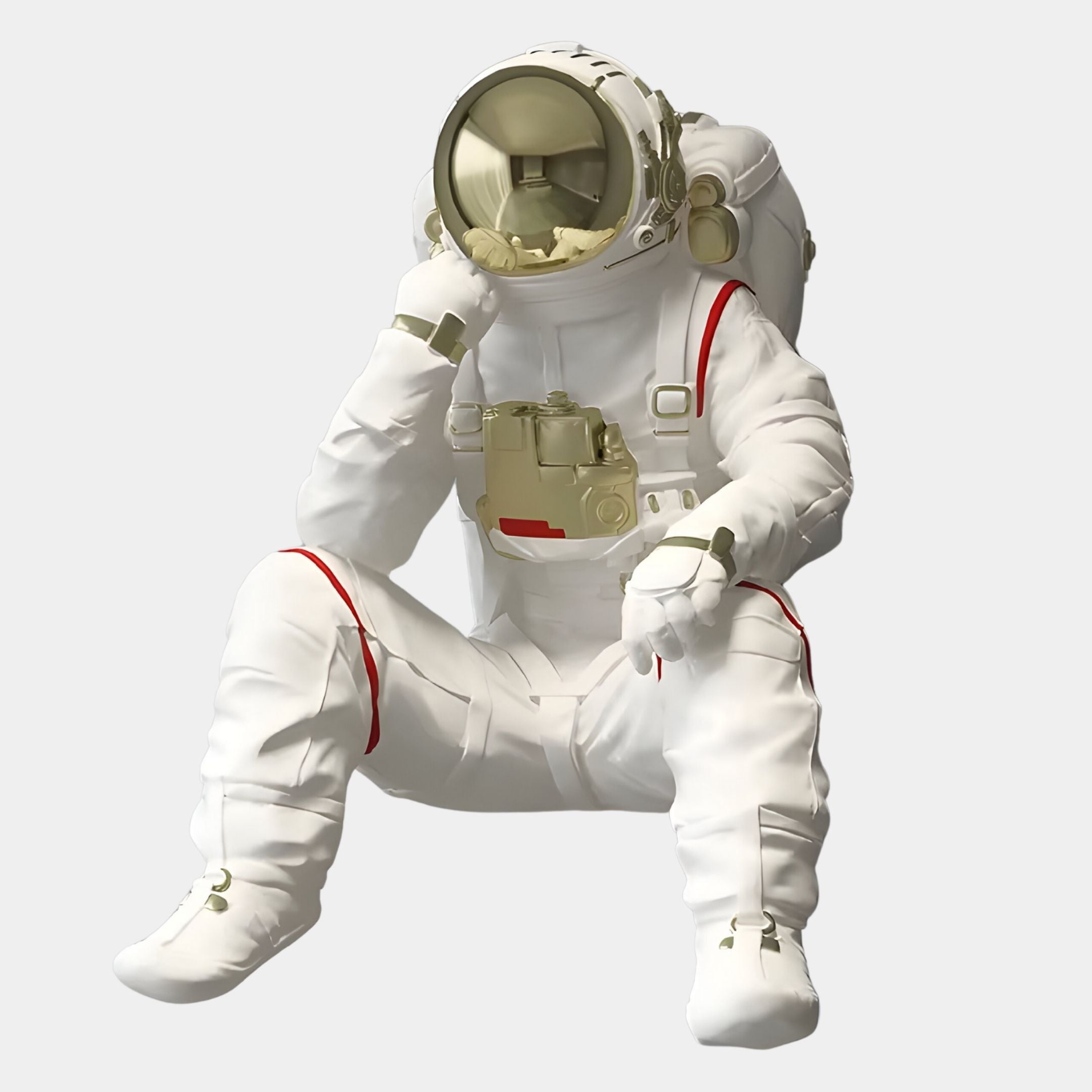 The White Astronaut Thinker 3D Wall Art by Giant Sculptures features a resin astronaut in a white suit with red details, helmeted and thoughtful, sitting against a plain light gray background in modern decor style.