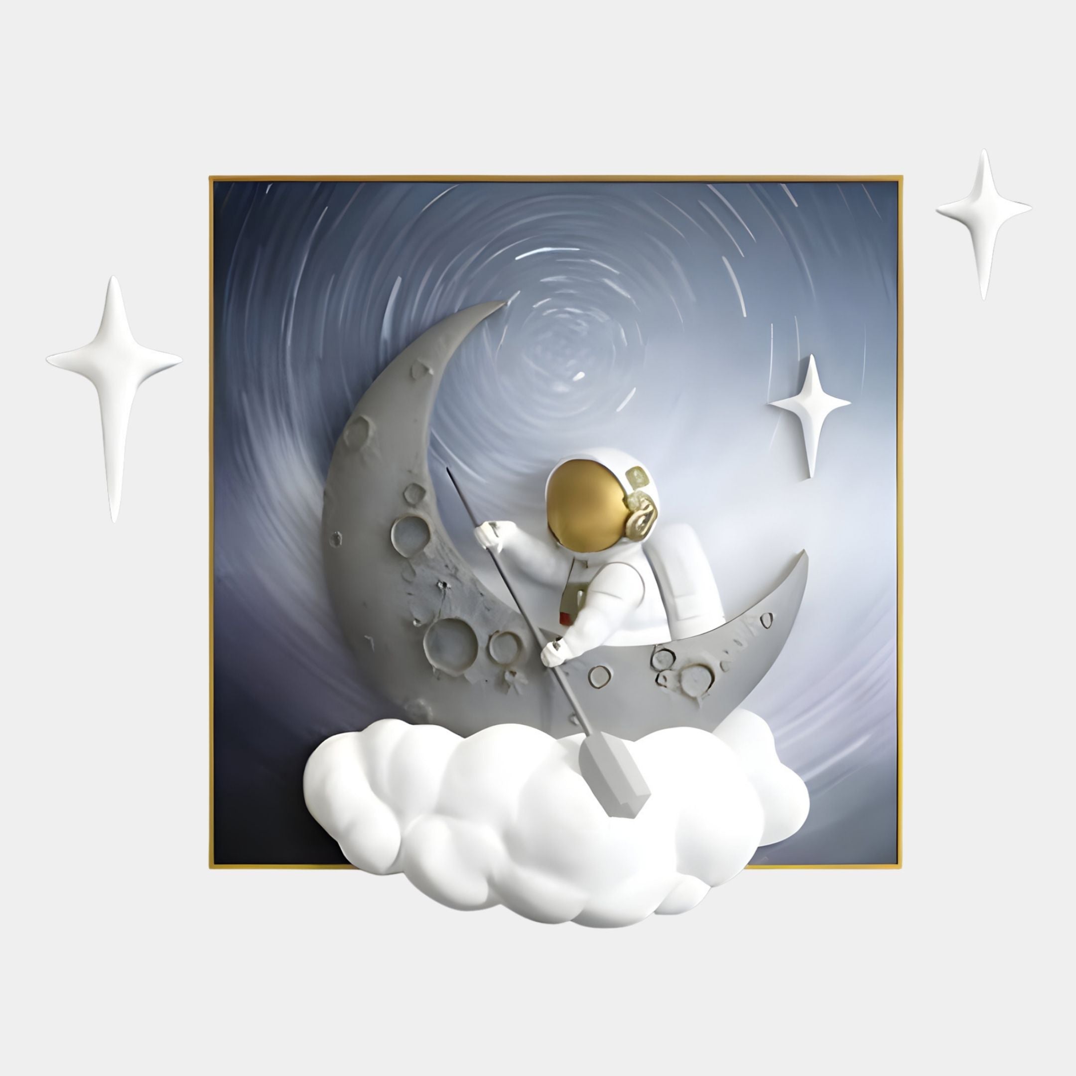 A cartoon astronaut in a gold helmet rows on a crescent moon beneath a swirling, starry sky. Add cosmic flair to any space with the Giant Sculptures 3D MoonSail Astronaut Swirl Wall Art.