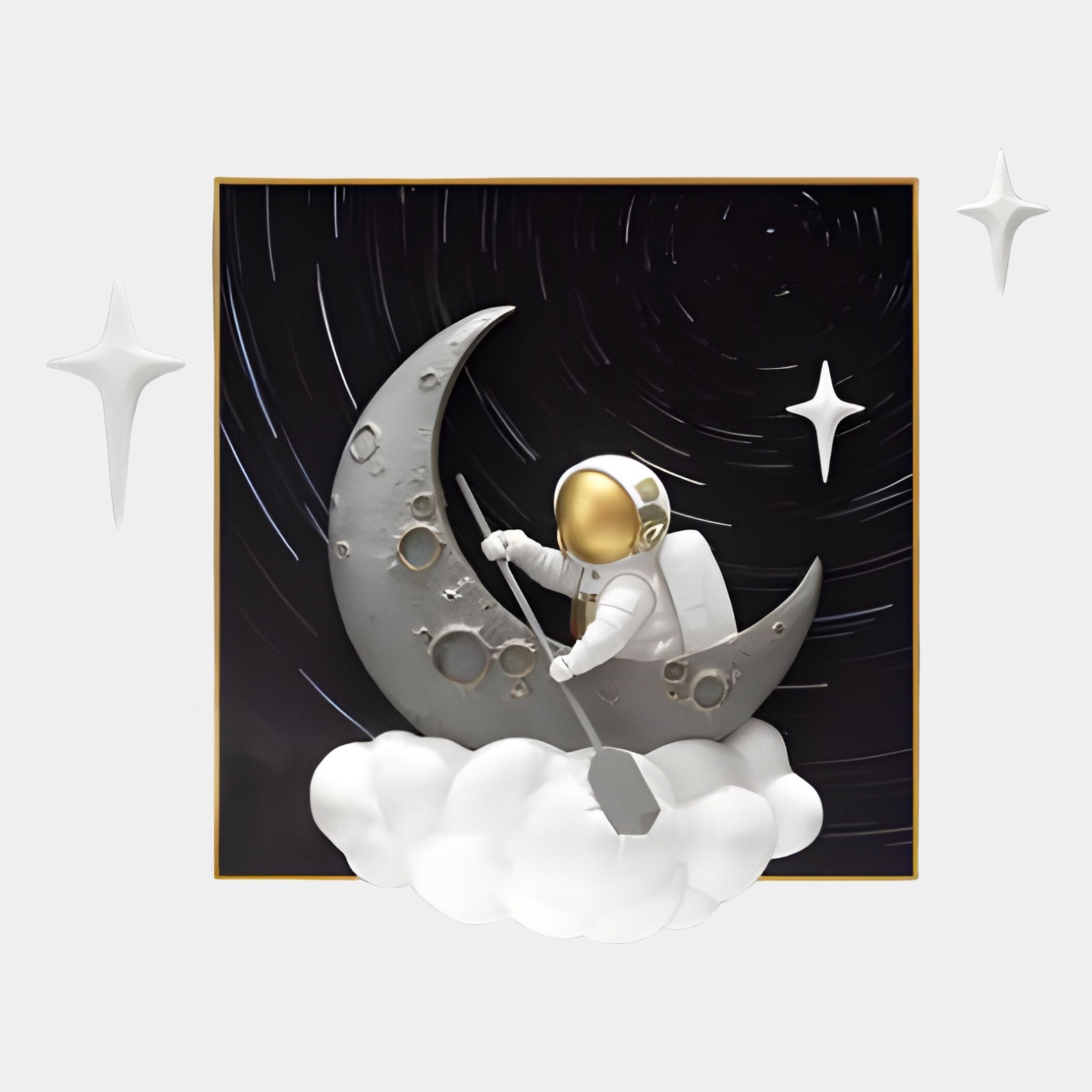 An astronaut with a gold visor rows on a crescent moon under swirling stars—Giant Sculptures’ 3D MoonSail Astronaut Dark Swirl Wall Art is the perfect eye-catching space-themed decoration.