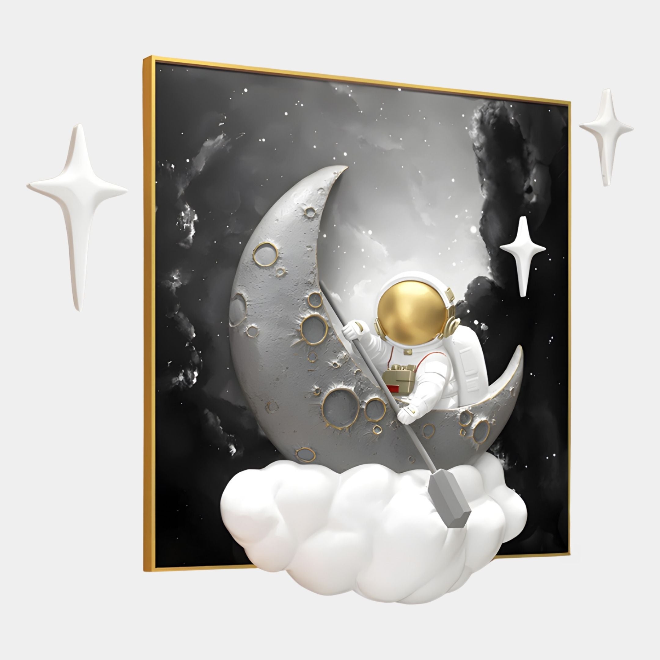 The 3D MoonSail Astronaut Galaxy Wall Art by Giant Sculptures features an astronaut on a crescent moon with a flag, two white stars, and a dark starry sky—perfect dreamy décor for lunar exploration fans.