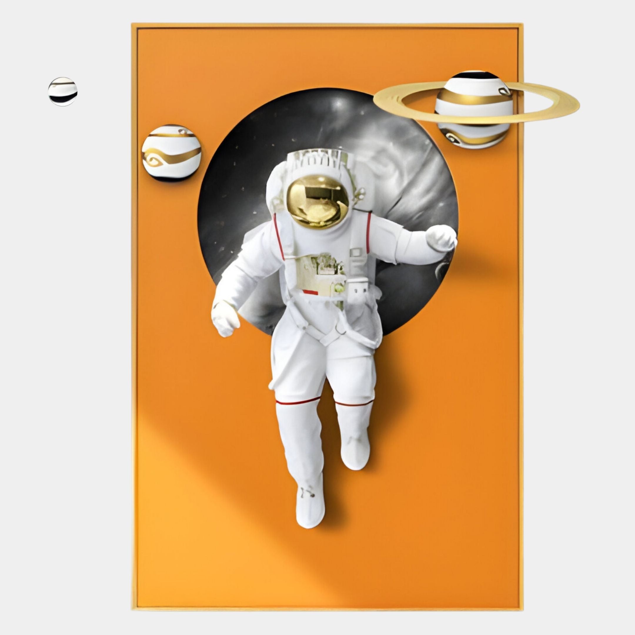 The Giant Sculptures White 3D Solar Astronaut Orange Portal Wall Art showcases an astronaut floating through an orange portal with stylized ringed planets, ideal for adding interstellar decor to your space.