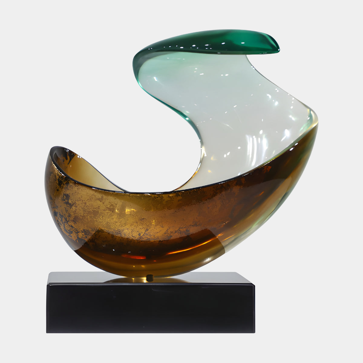Amber Gold Fleck Scoop on Marble Resin Sculpture, 39cm, with a curved clear glass sweep ending in a green cap, set on a black marble base against a plain white background.