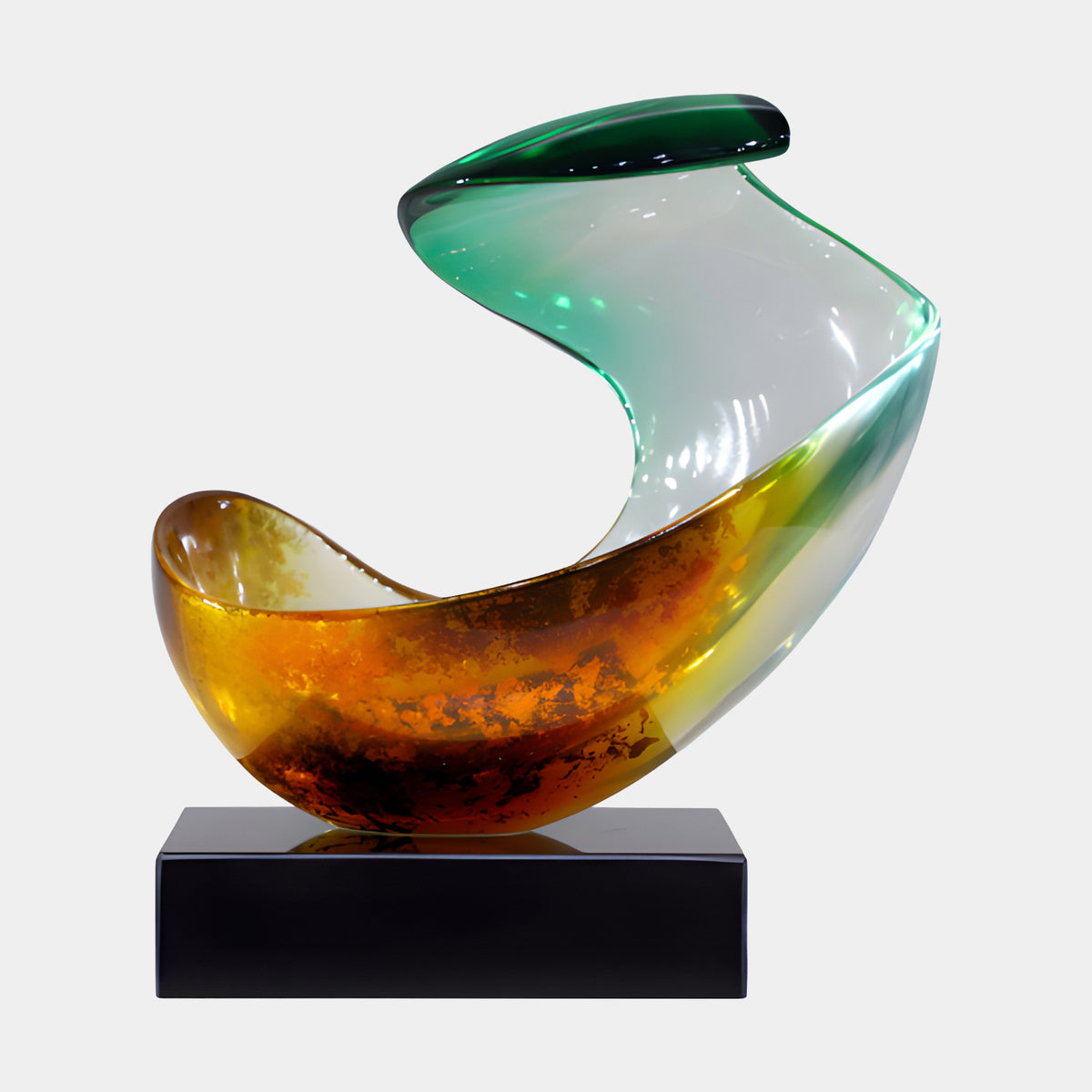 Amber & Green Flecked Scoop Resin Sculpture on a black base, curved boat-shaped form with copper-gold crackled texture fading into a green-tipped curl, set against a plain white background.