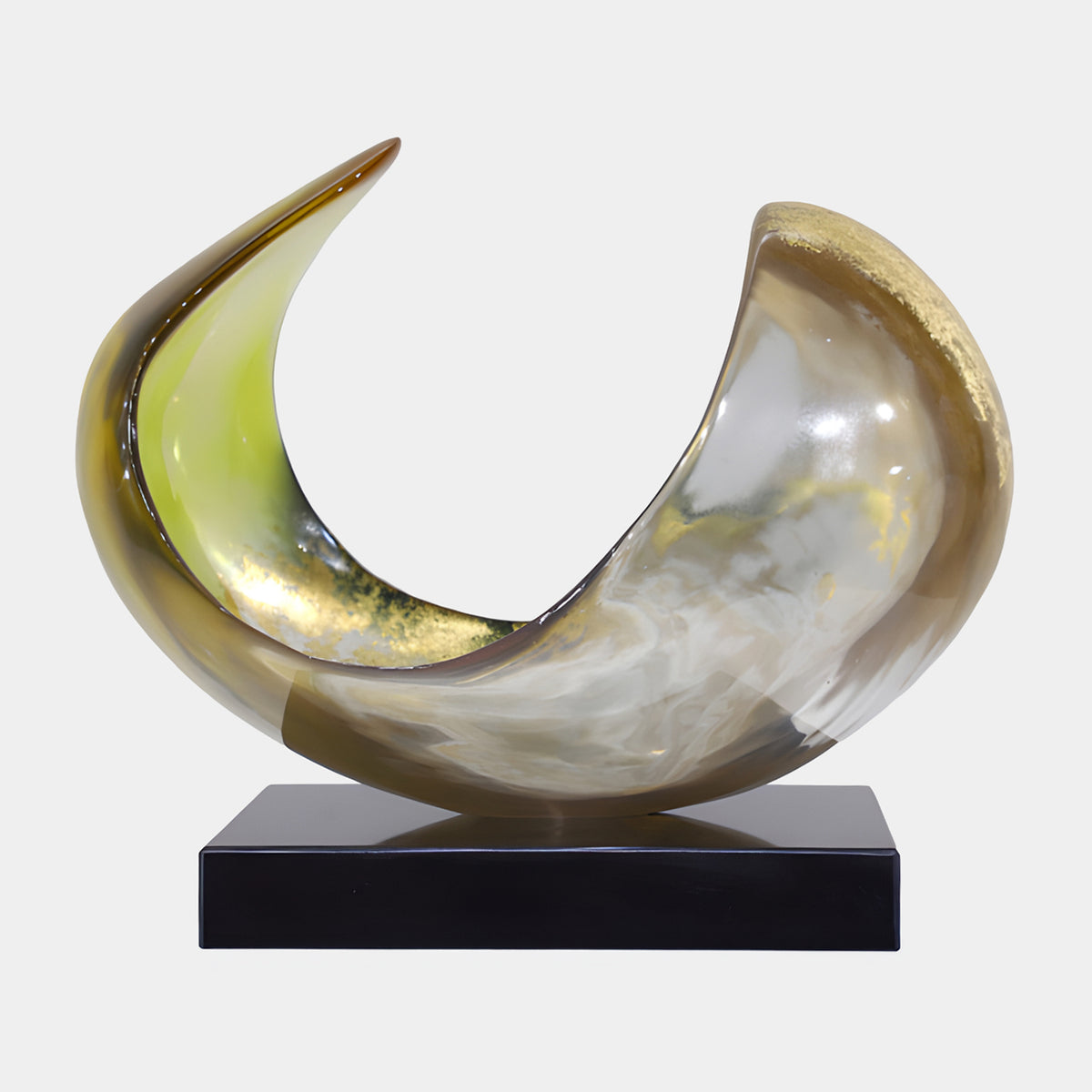 Olive & Gold Scroll Shell Resin Sculpture on marble base, 50cm, with yellow-green horn, gold-flecked curve, and marbled lobe, on a black rectangular stand against a plain white background.