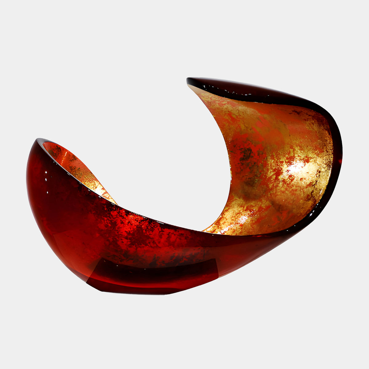 Ruby Red & Gold Cleft Cradle Resin Sculpture, 52cm, glossy curved form with gold-flecked interior, on a plain white background.