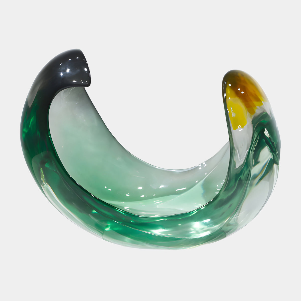Green & Yellow Tipped Cradle Resin Sculpture, 36cm, a curved emerald green form with inward-turning horns tipped in slate grey and amber-yellow, on a plain white background.