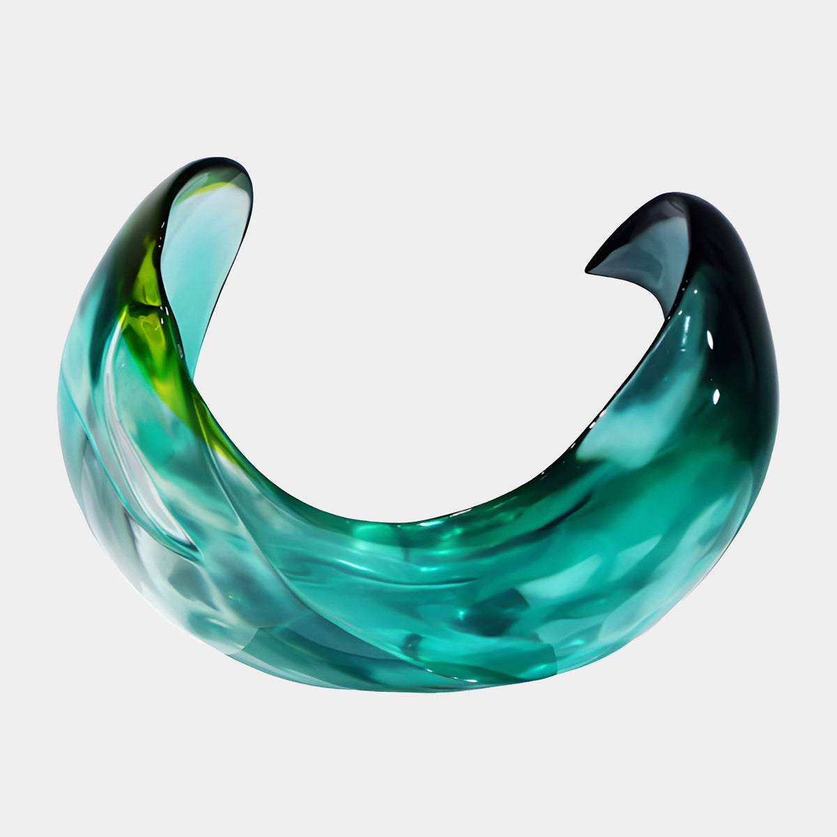 Turquoise Lime-Streaked Cradle Resin Sculpture, 36cm, open crescent form with a lime-green streak on one horn and deep teal on the other, set against a plain white background.