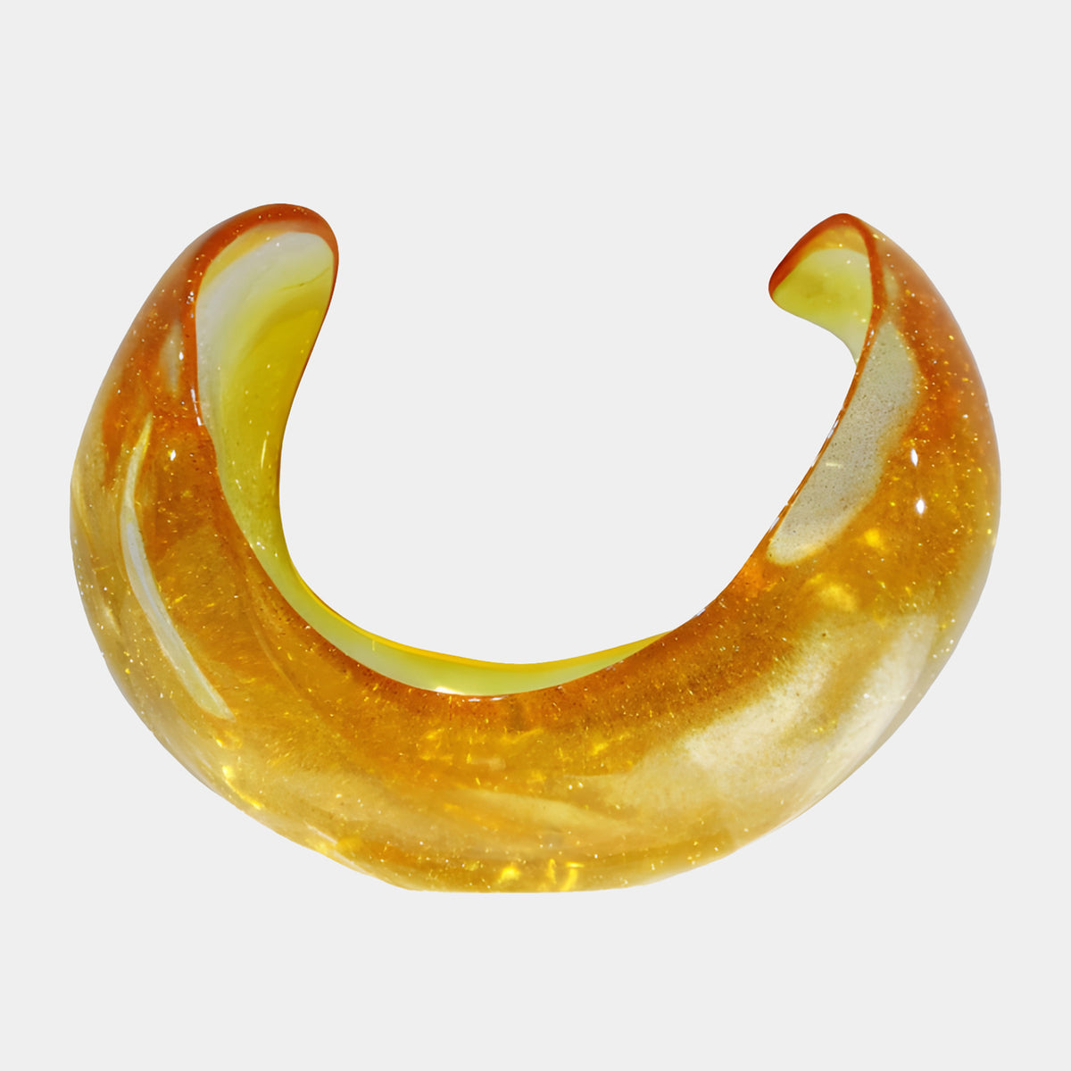 Honey Yellow Gold Fleck Cradle Resin Sculpture, 36cm, curved crescent form with orange-edged rim and lemon-toned interior, shown on a plain white background.