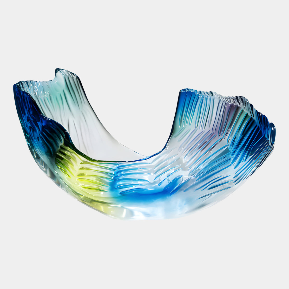 Azure & Lime Polished Fluted Vessel Resin Sculpture, 88cm, an elongated ribbed bowl with ragged rim in cobalt, lime, and azure tones, on a plain white background.