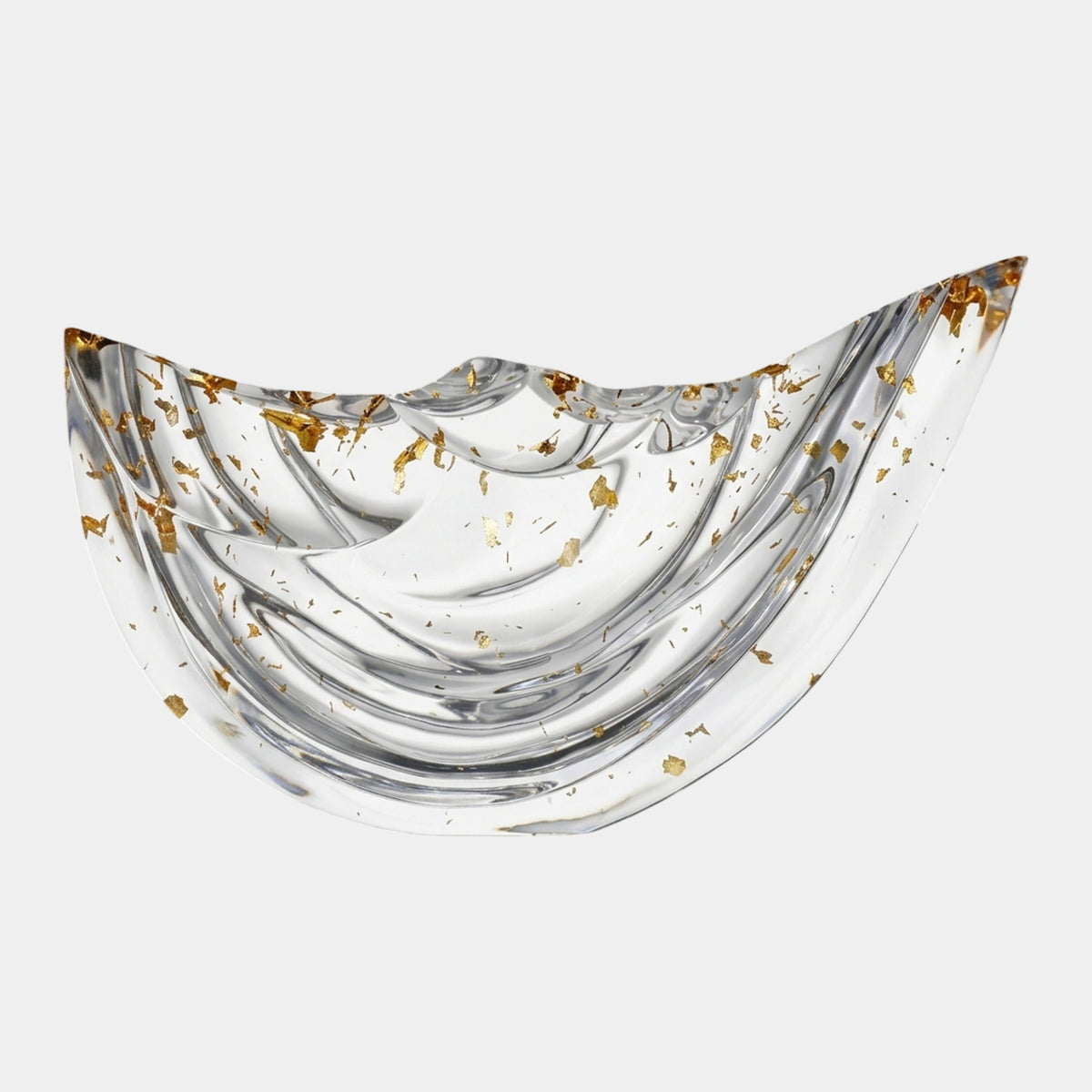Clear Gold Fleck Crescent Boat Resin Sculpture, 45cm, with stepped wave-like inner walls and scattered gold flakes, shown on a plain white background.