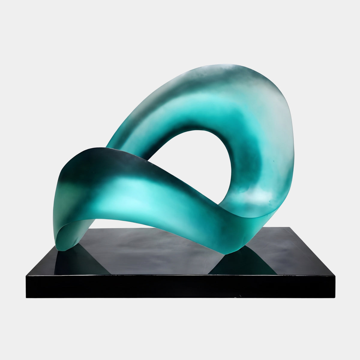 Teal Frosted Looping Band Resin Sculpture (110cm) by Giant Sculptures, a looping band on a black marble base, shown against a plain white background.