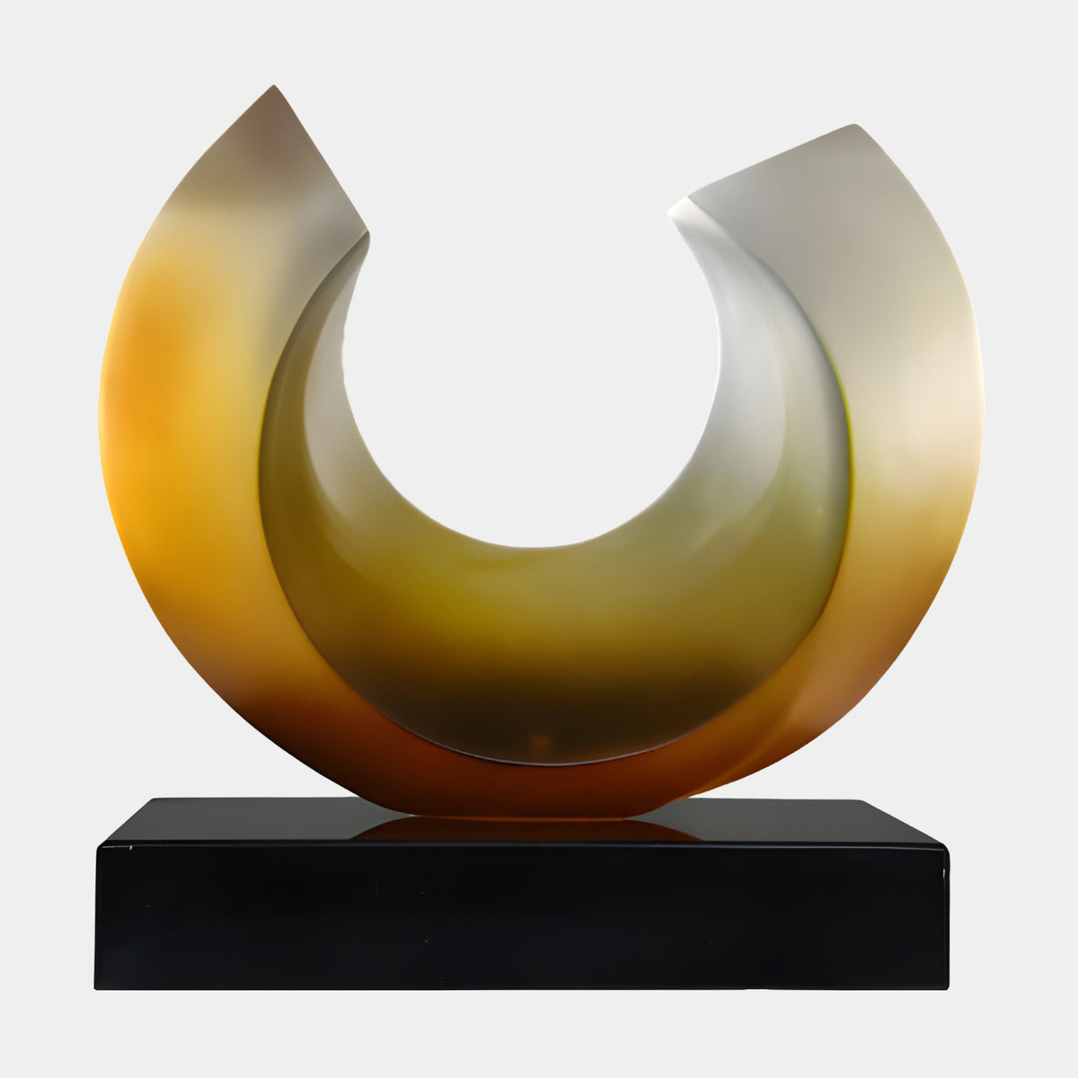 Orange & Cream Frosted Open Ring Resin Sculpture, 42cm, with amber-to-russet shading on one side and pale cream on the other, on a black marble base against a white background.