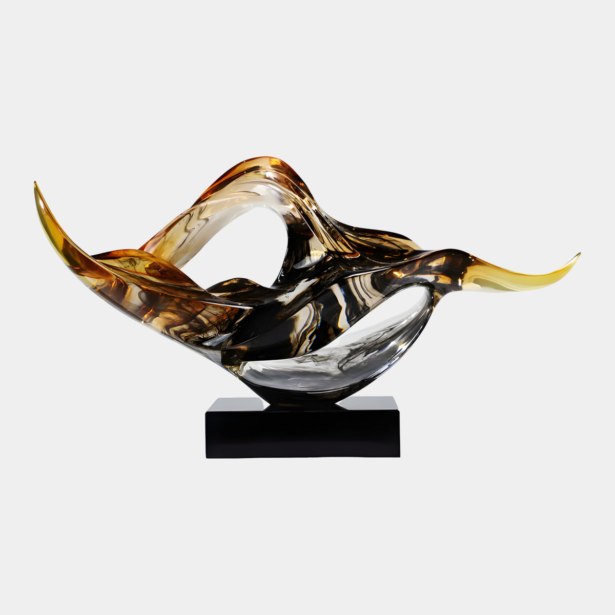 Amber Crossed Wings on Marble Resin Sculpture - 71cm, with black-marbled amber wings curving over a clear cradle, on a black rectangular base against a plain white background.