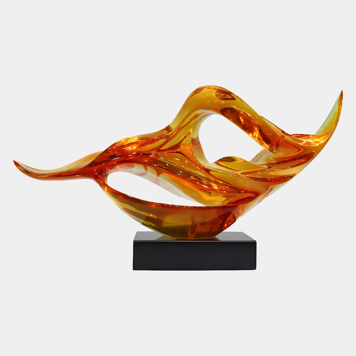 Orange Crossed Wings on Marble Resin Sculpture - 71cm, flame-orange resin wings crossing above a cradle base, on a black rectangular stand against a plain white background.