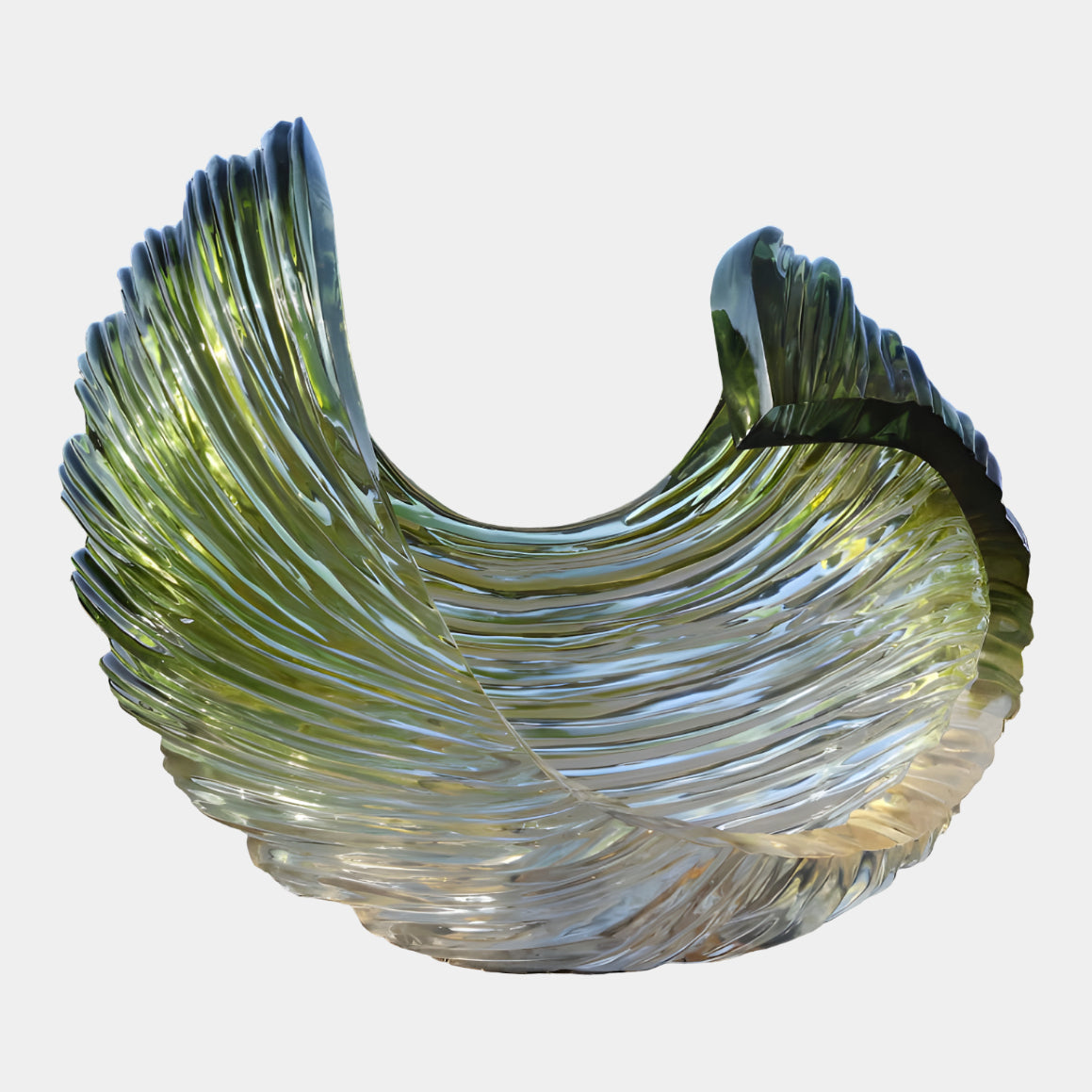 Clear Ribbed Rolling Curl Resin Sculpture, 185cm, with finely combed ribs curving into a hooked crest, shown against a plain white background.